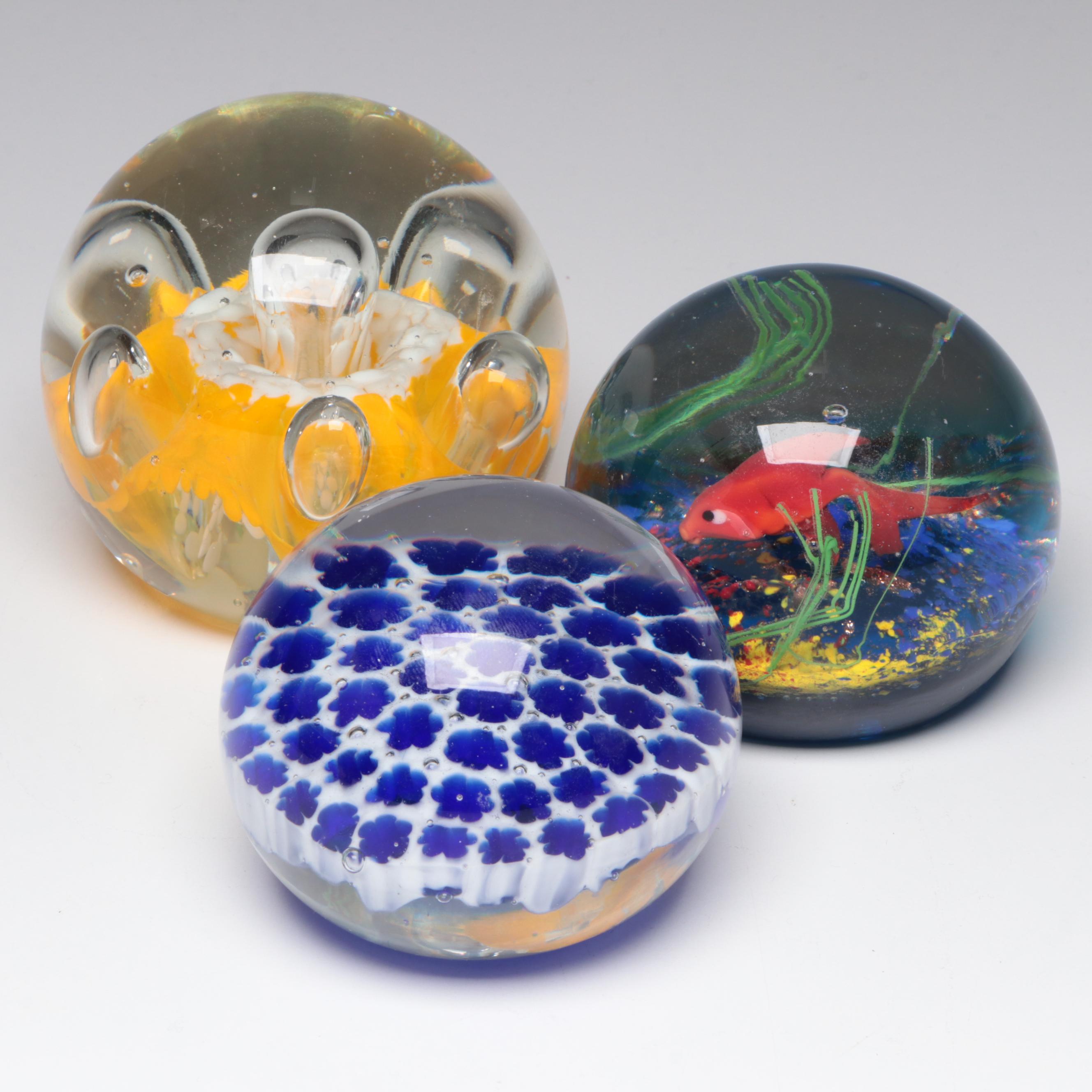 Gold Fish Motif Glass Paperweight with Murano Style Glass Paperweights