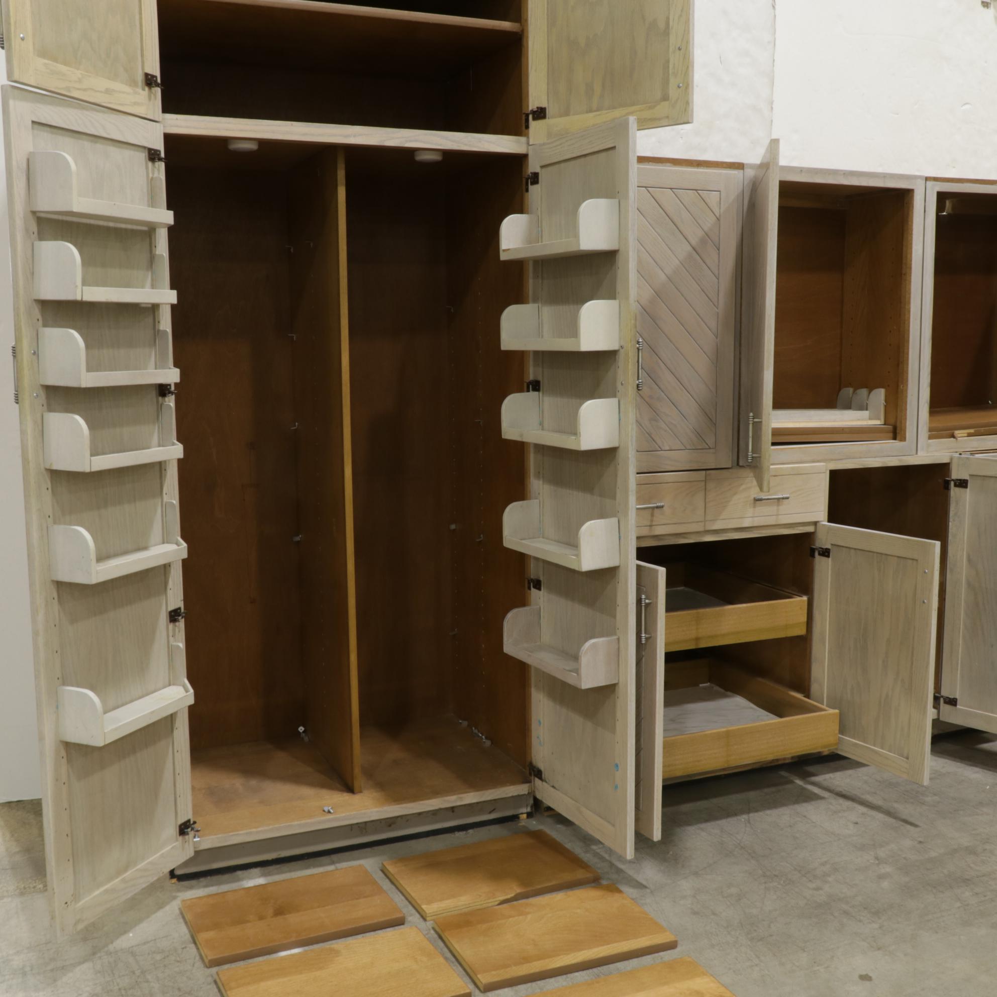 Contemporary Planked and White-Washed Oak Finish Kitchen Cabinets