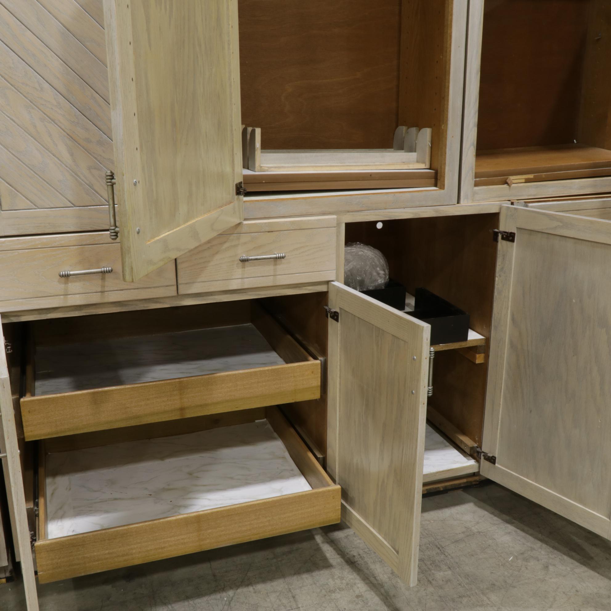 Contemporary Planked and White-Washed Oak Finish Kitchen Cabinets