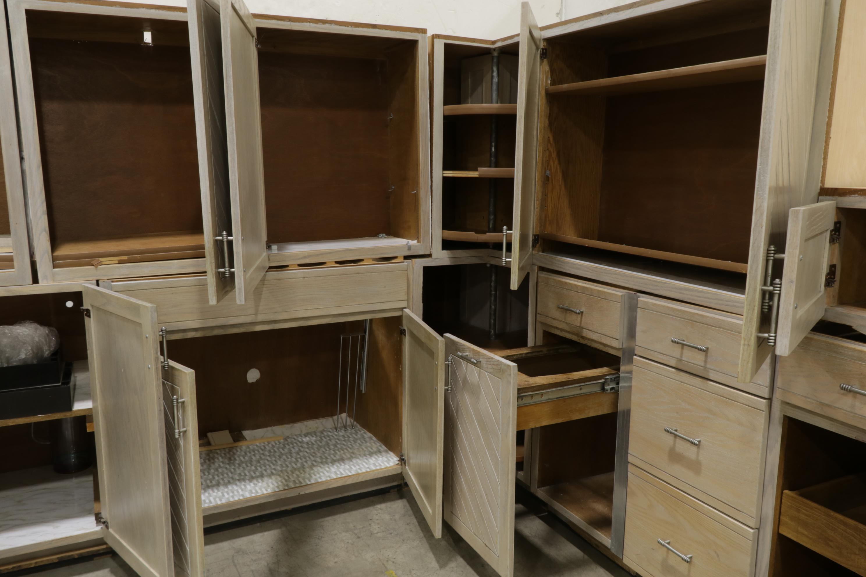 Contemporary Planked and White-Washed Oak Finish Kitchen Cabinets