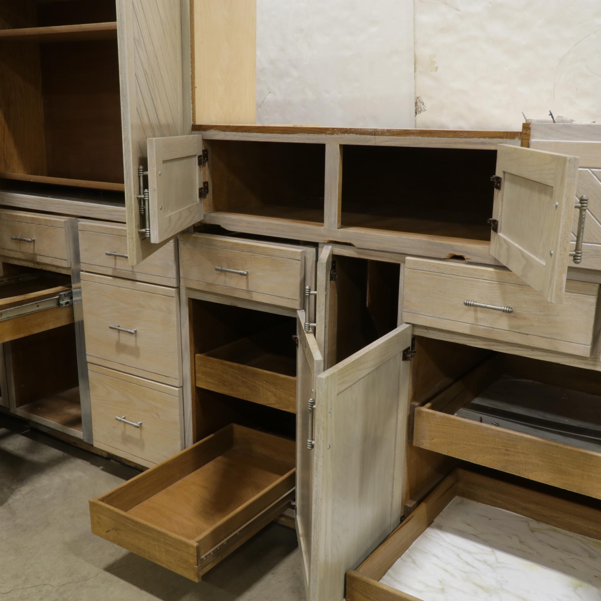 Contemporary Planked and White-Washed Oak Finish Kitchen Cabinets