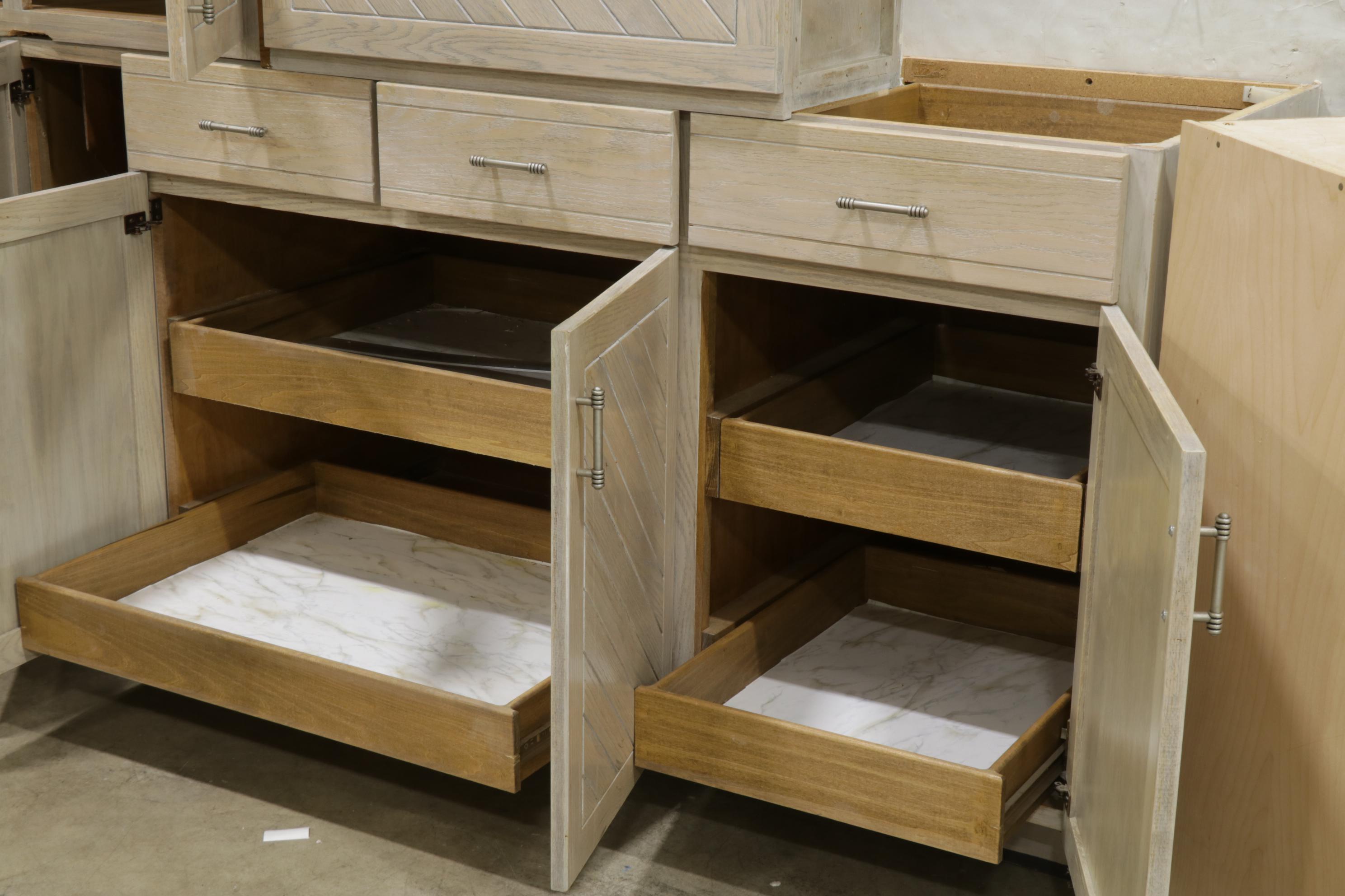 Contemporary Planked and White-Washed Oak Finish Kitchen Cabinets