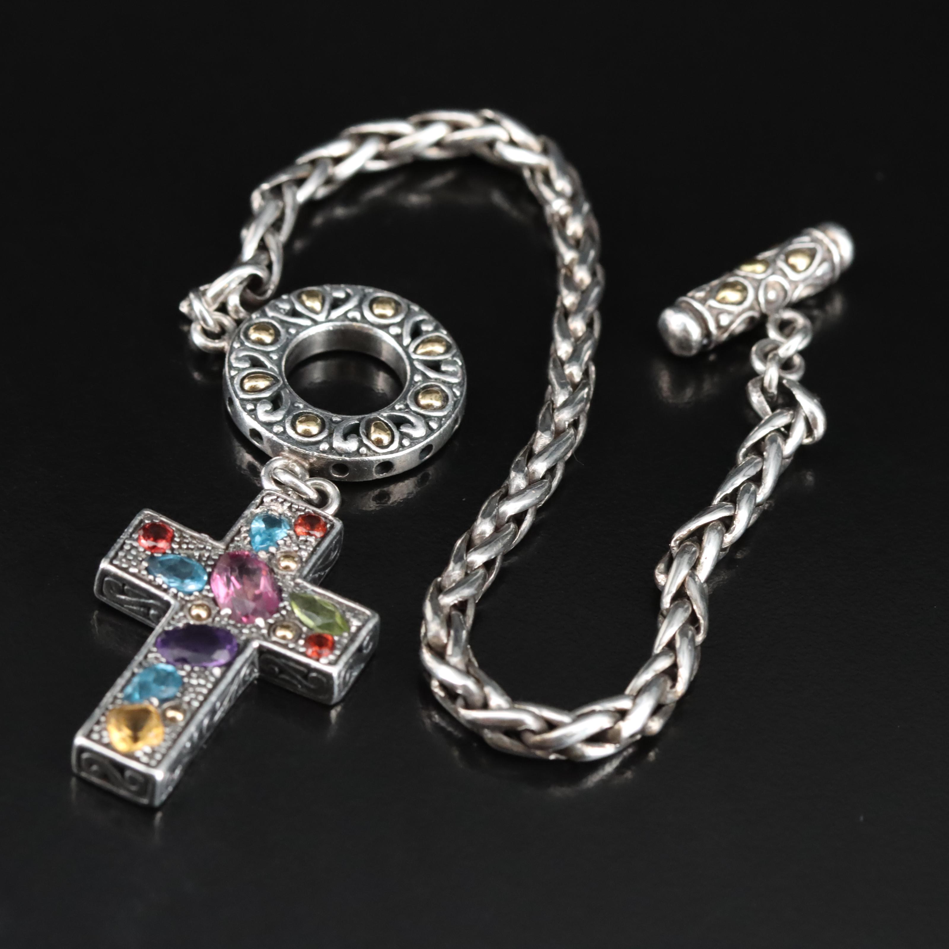 Samuel Benham Sterling Amethyst and Gemstone Cross Bracelet with 18K Accents
