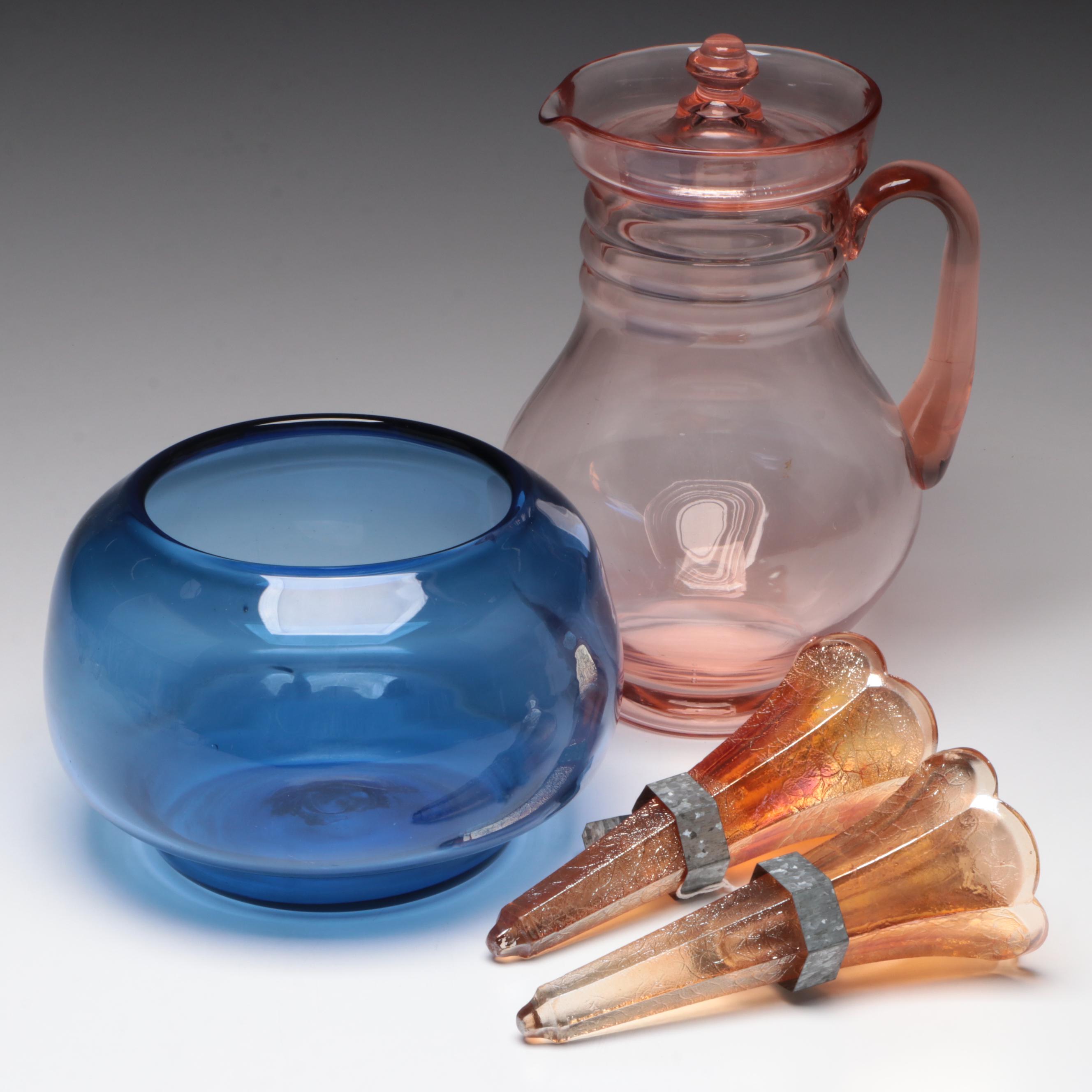 Dunbar Lidded Pink Glass Pitcher with Blown Glass Rose Bowl and Wall Pockets