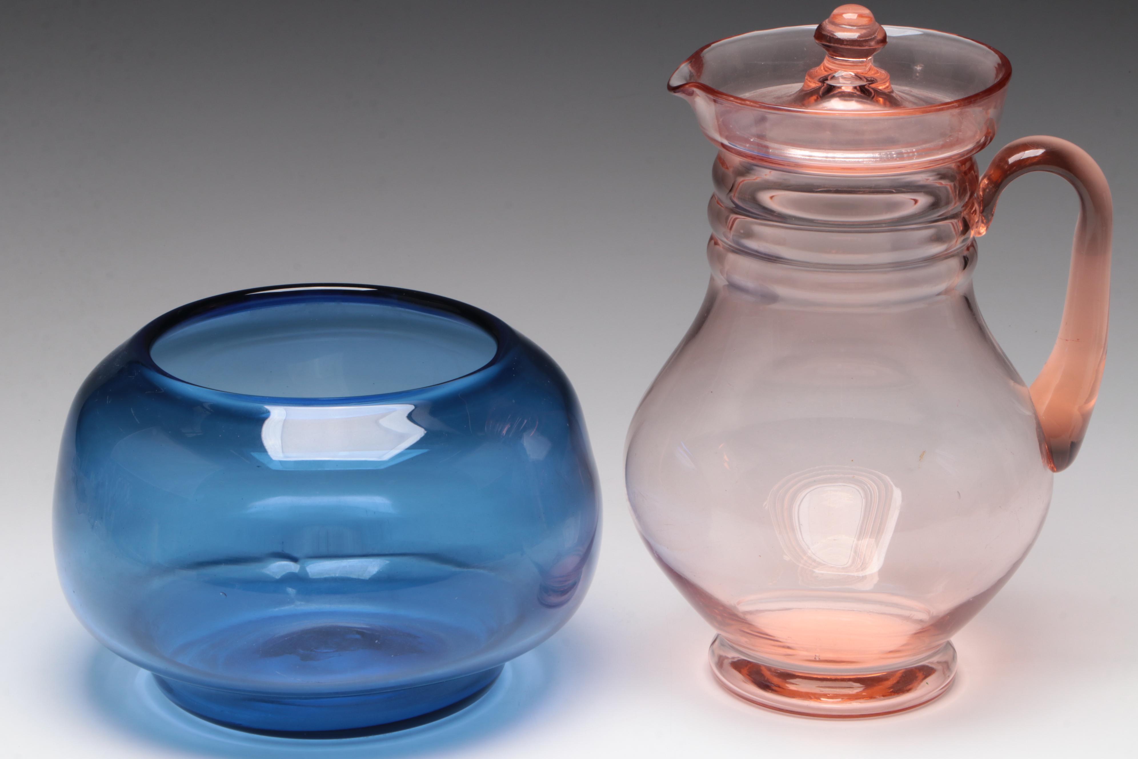 Dunbar Lidded Pink Glass Pitcher with Blown Glass Rose Bowl and Wall Pockets