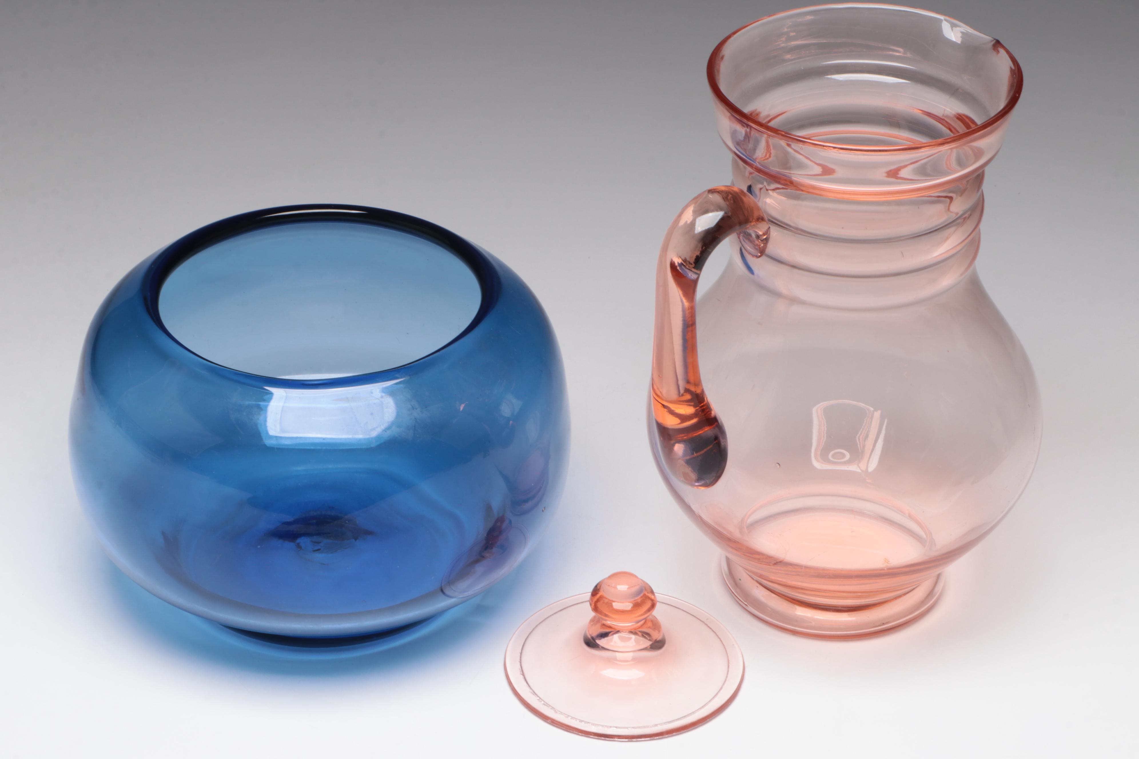 Dunbar Lidded Pink Glass Pitcher with Blown Glass Rose Bowl and Wall Pockets