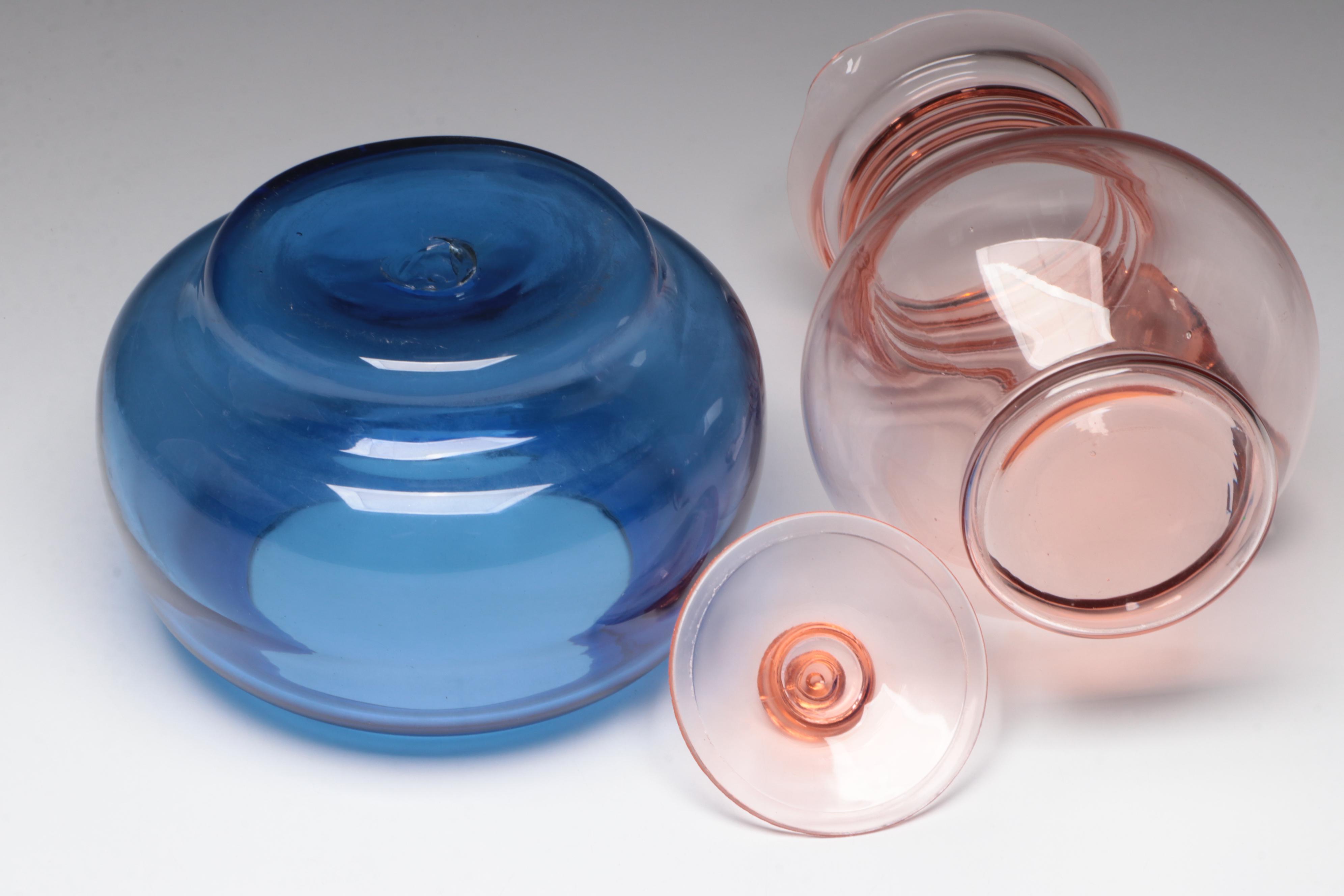 Dunbar Lidded Pink Glass Pitcher with Blown Glass Rose Bowl and Wall Pockets