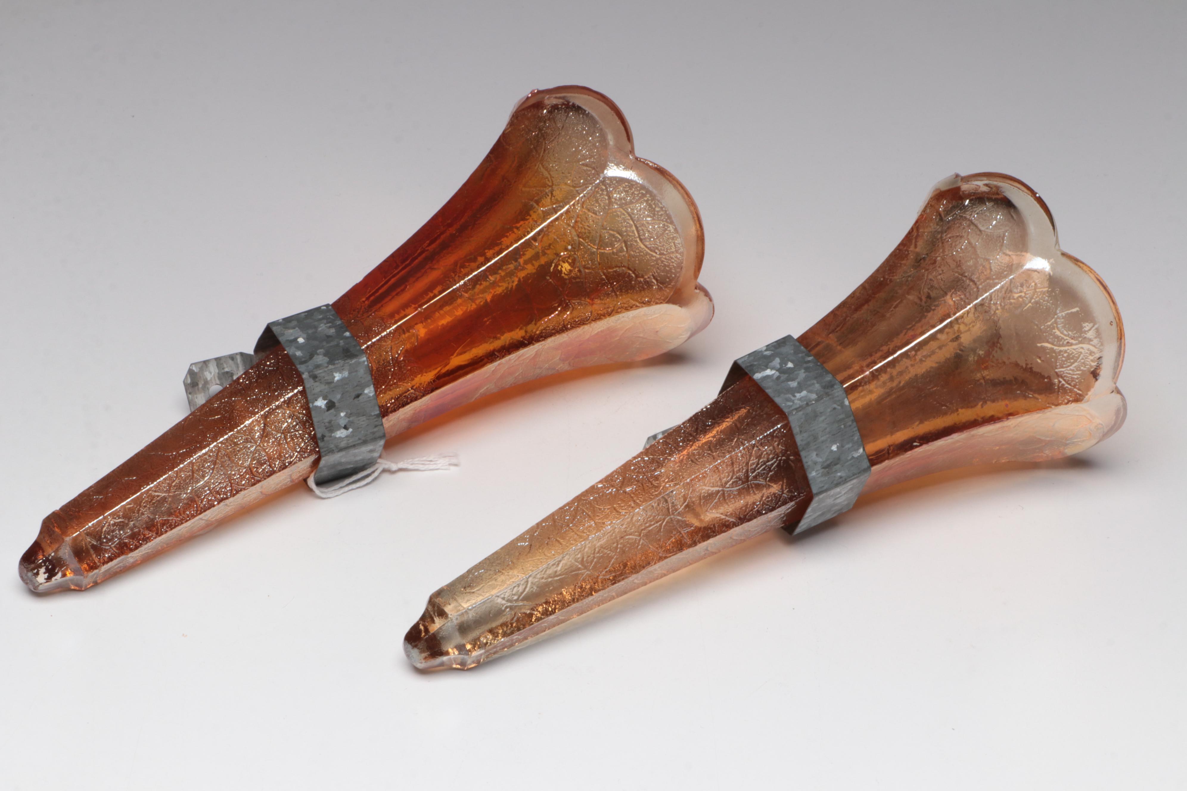 Dunbar Lidded Pink Glass Pitcher with Blown Glass Rose Bowl and Wall Pockets