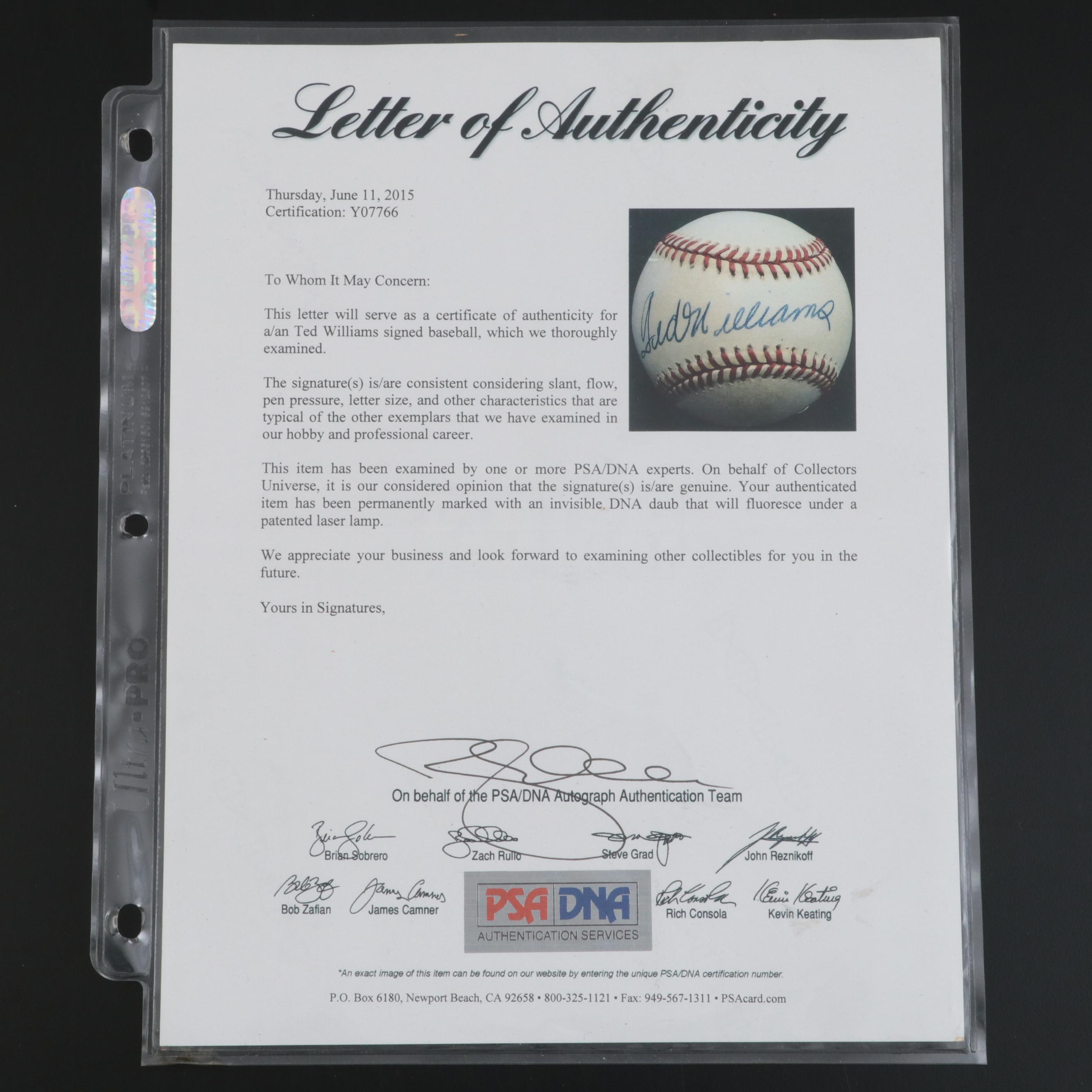 Ted Williams Signed Rawlings Official American League Baseball with Display