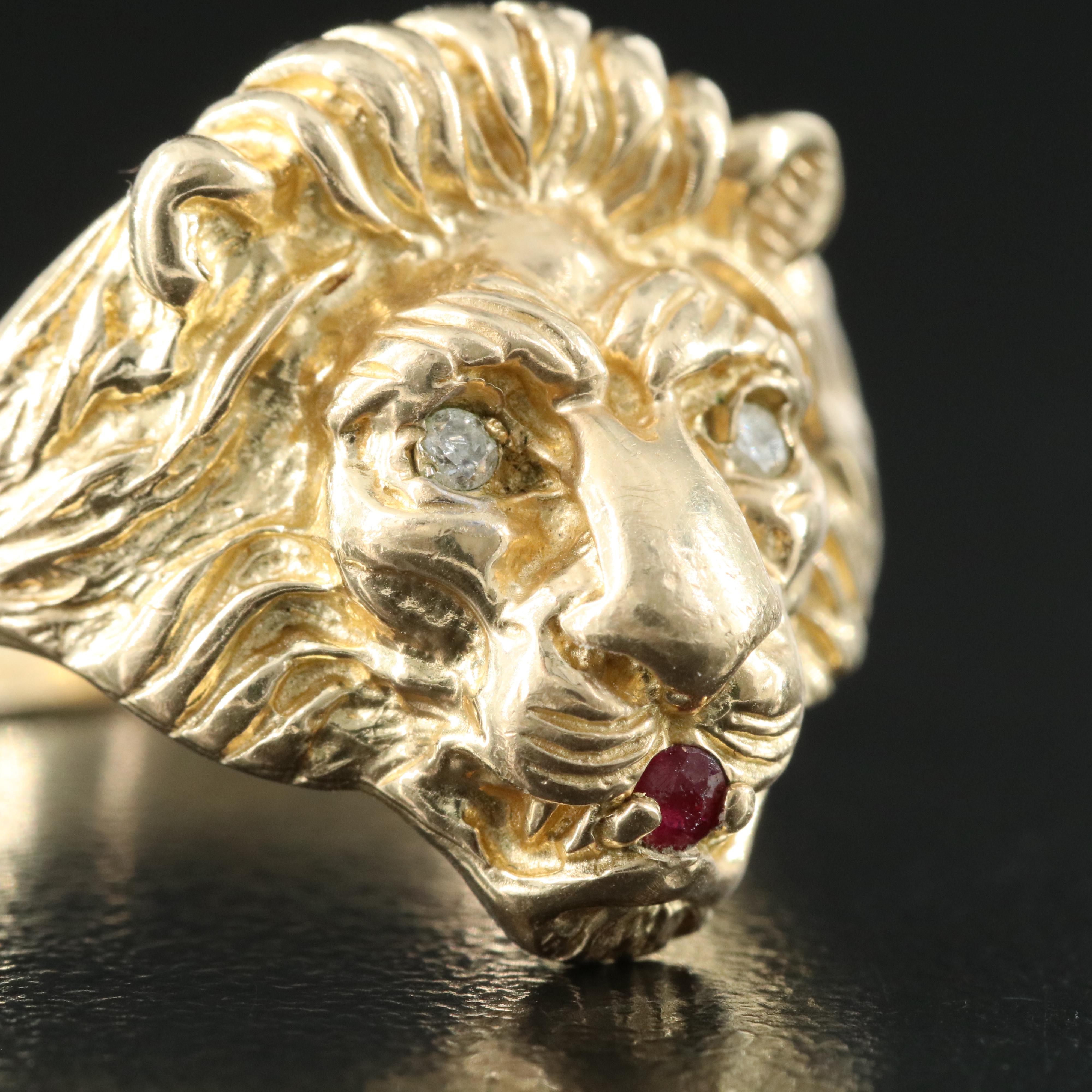 10K Diamond and Ruby Lion Ring