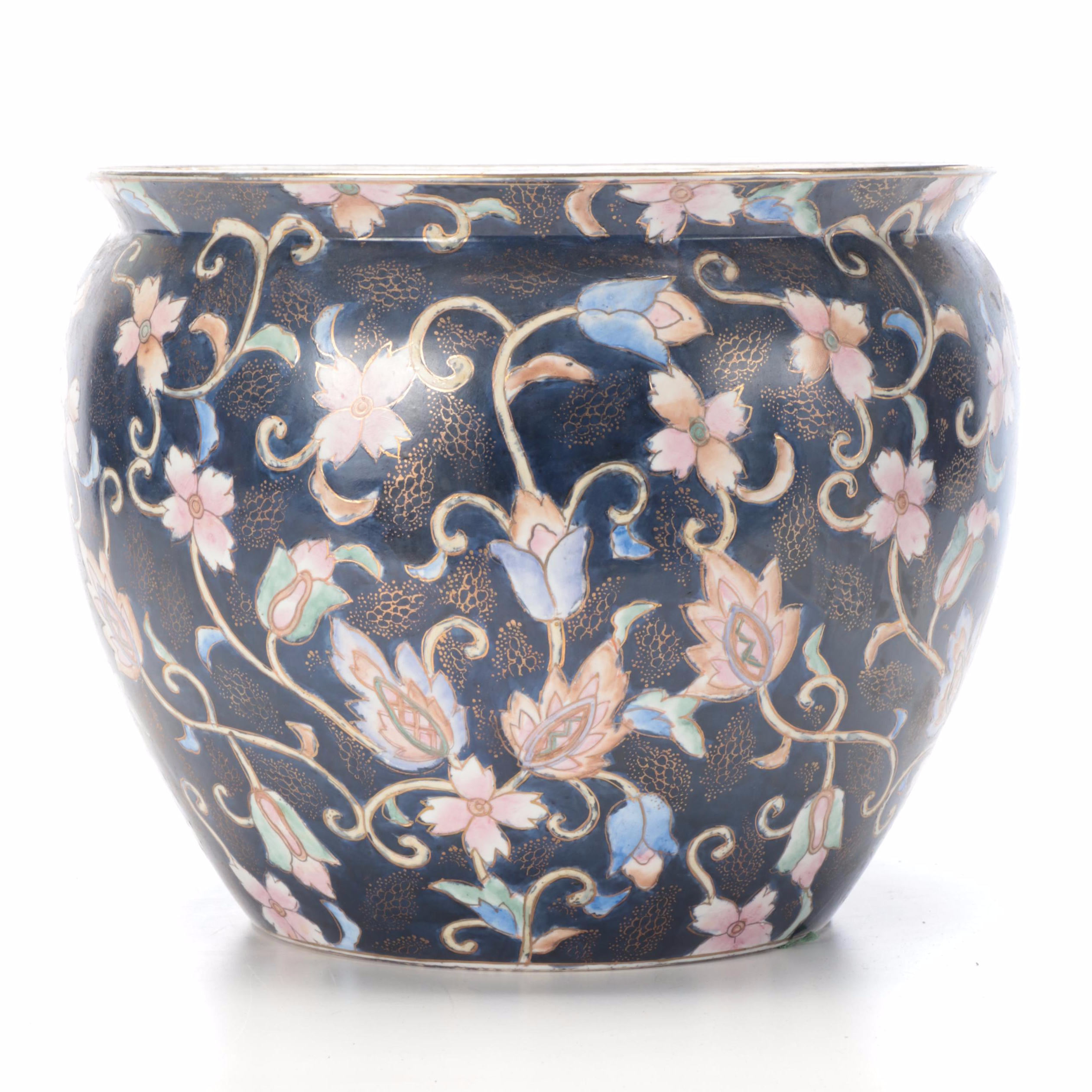 Chinese Porcelain Fishbowl  Planter with Wooden Stand