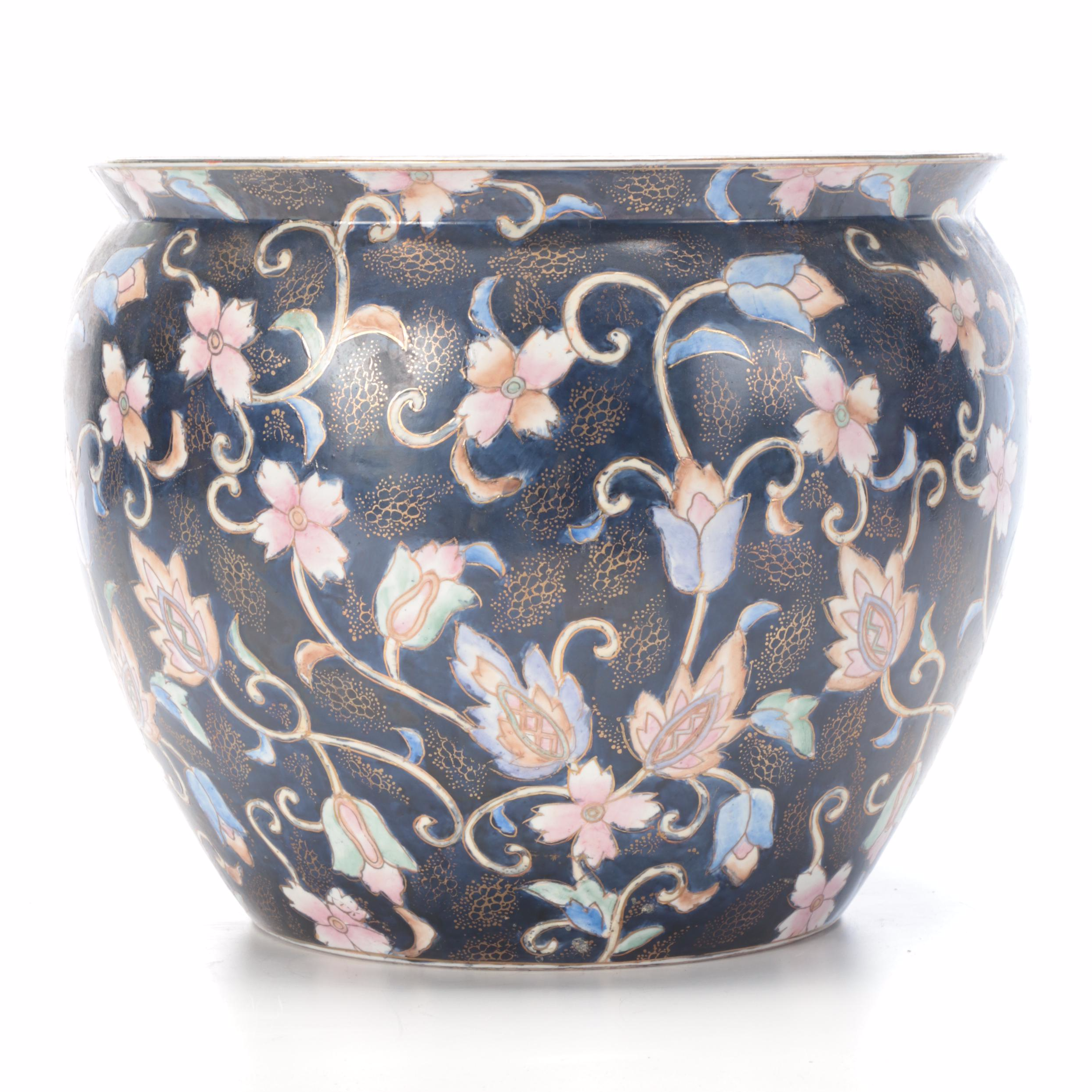 Chinese Porcelain Fishbowl  Planter with Wooden Stand