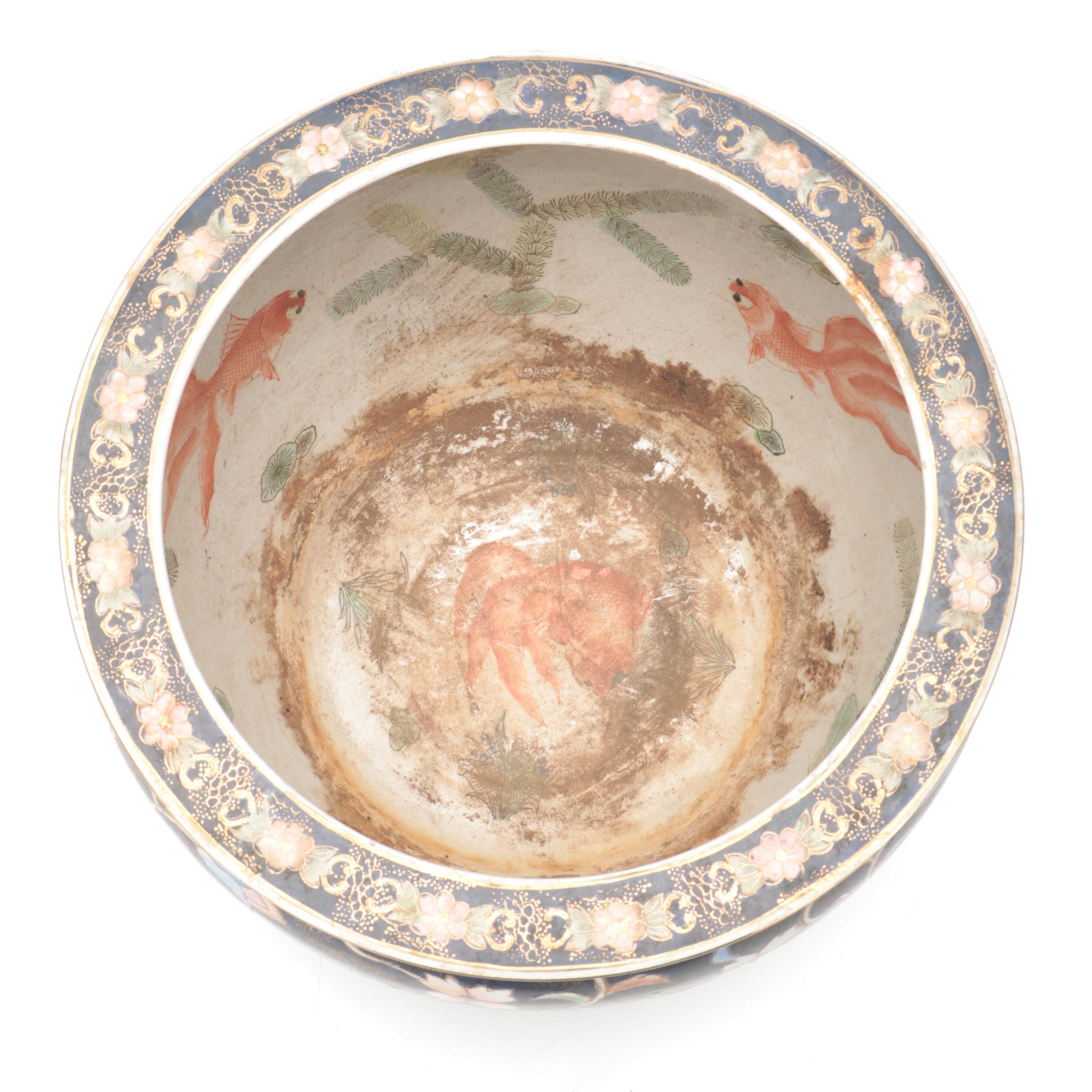 Chinese Porcelain Fishbowl  Planter with Wooden Stand