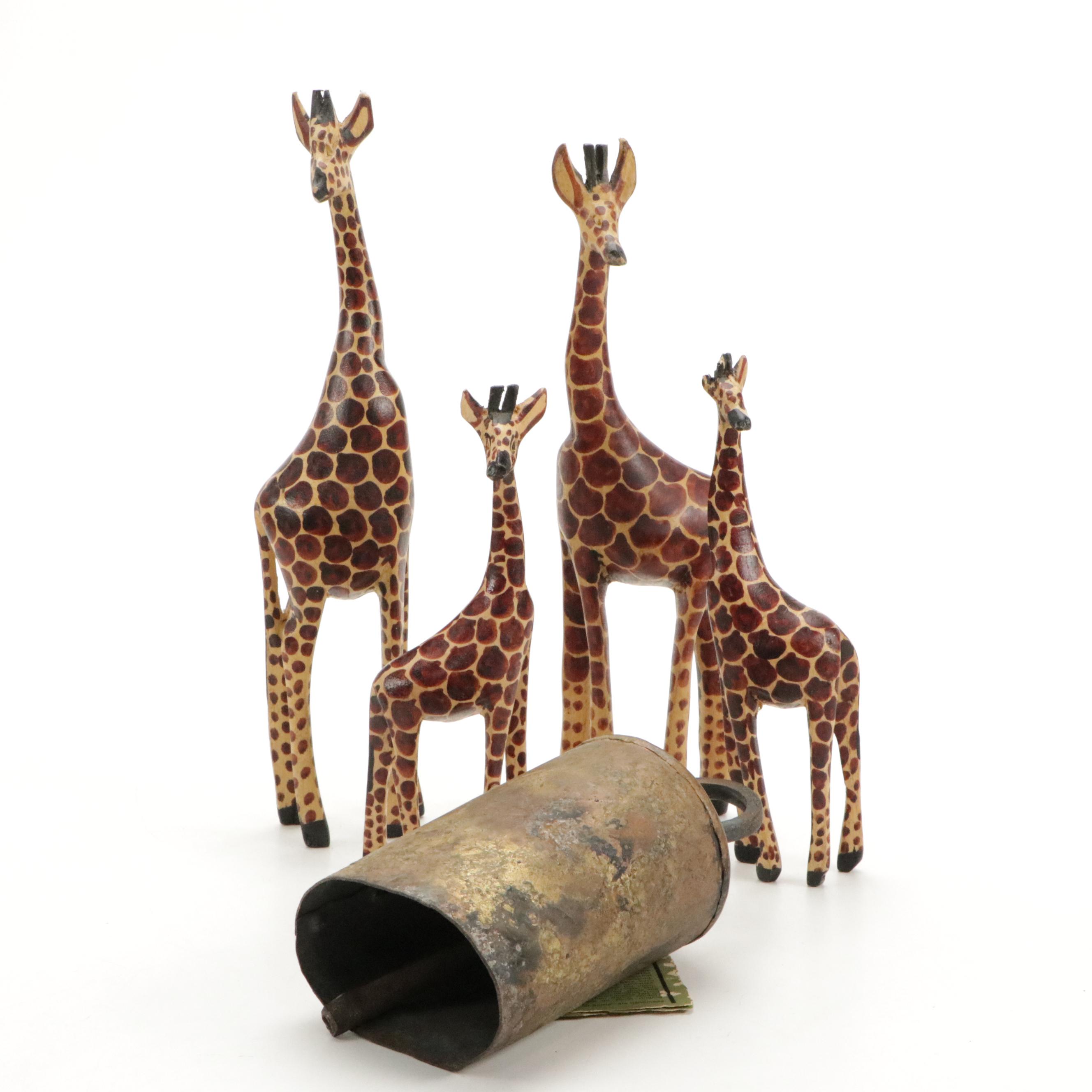 Kenyan Hand-Carved Giraffe Figurines with Sarna Bell