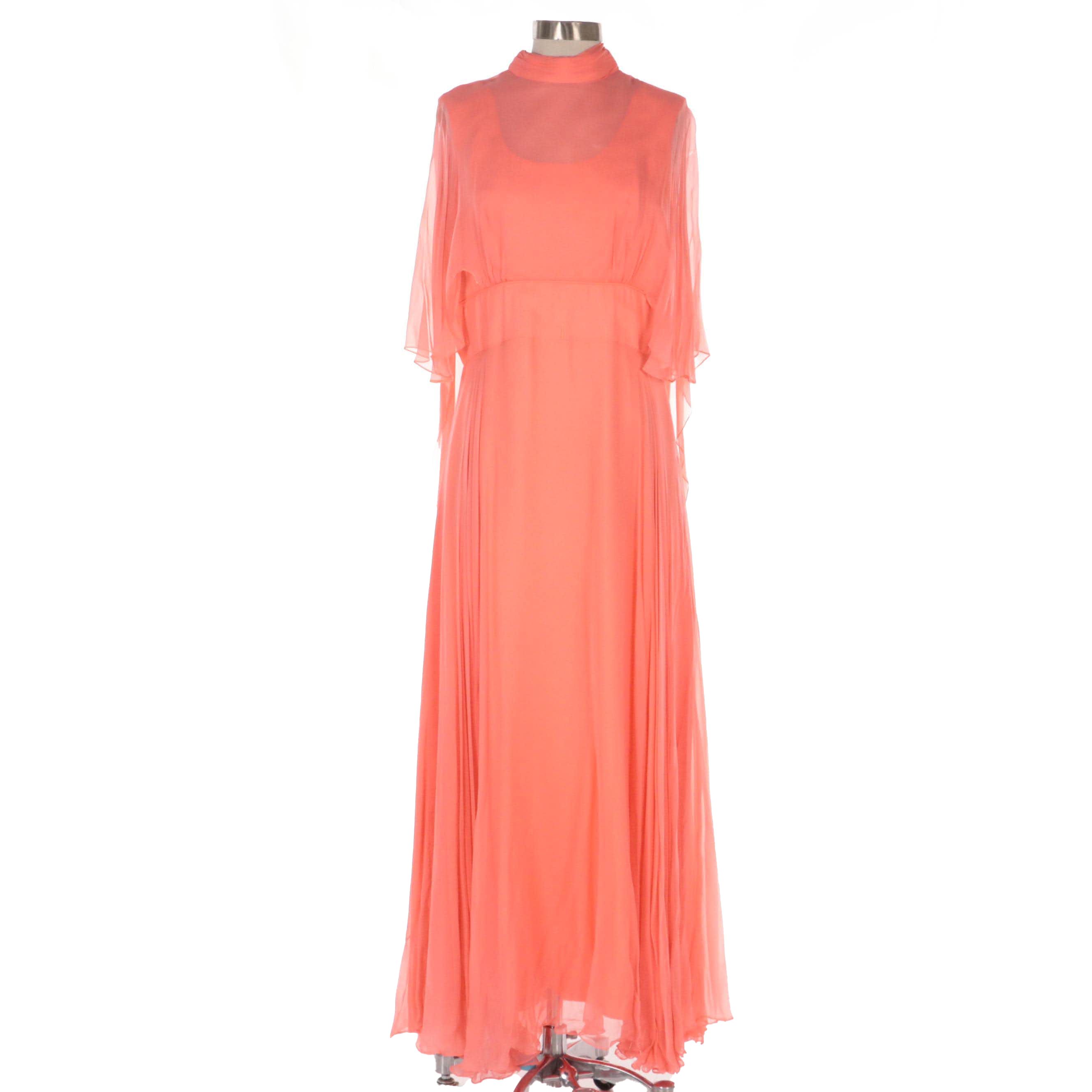 Ruched Neck Cape Sleeve Chiffon Evening Dress