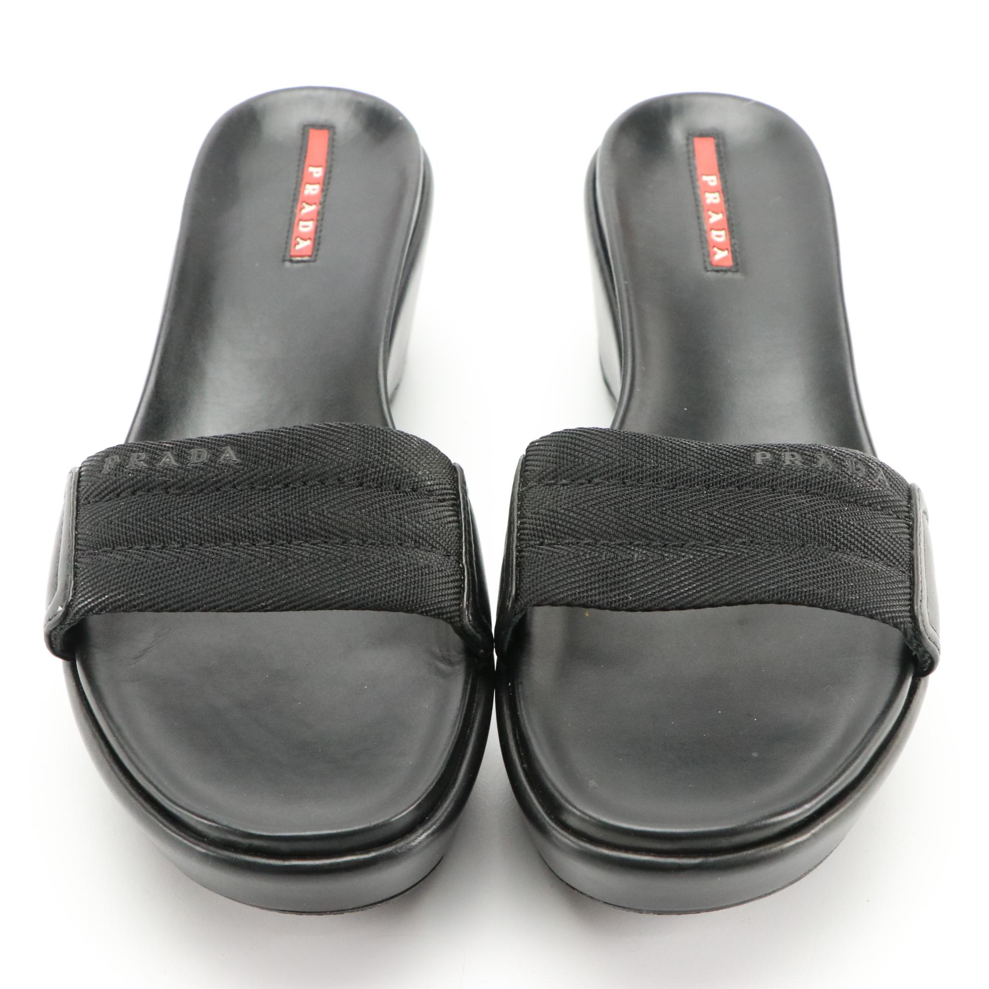 Prada Sport Black Leather Platform Slides