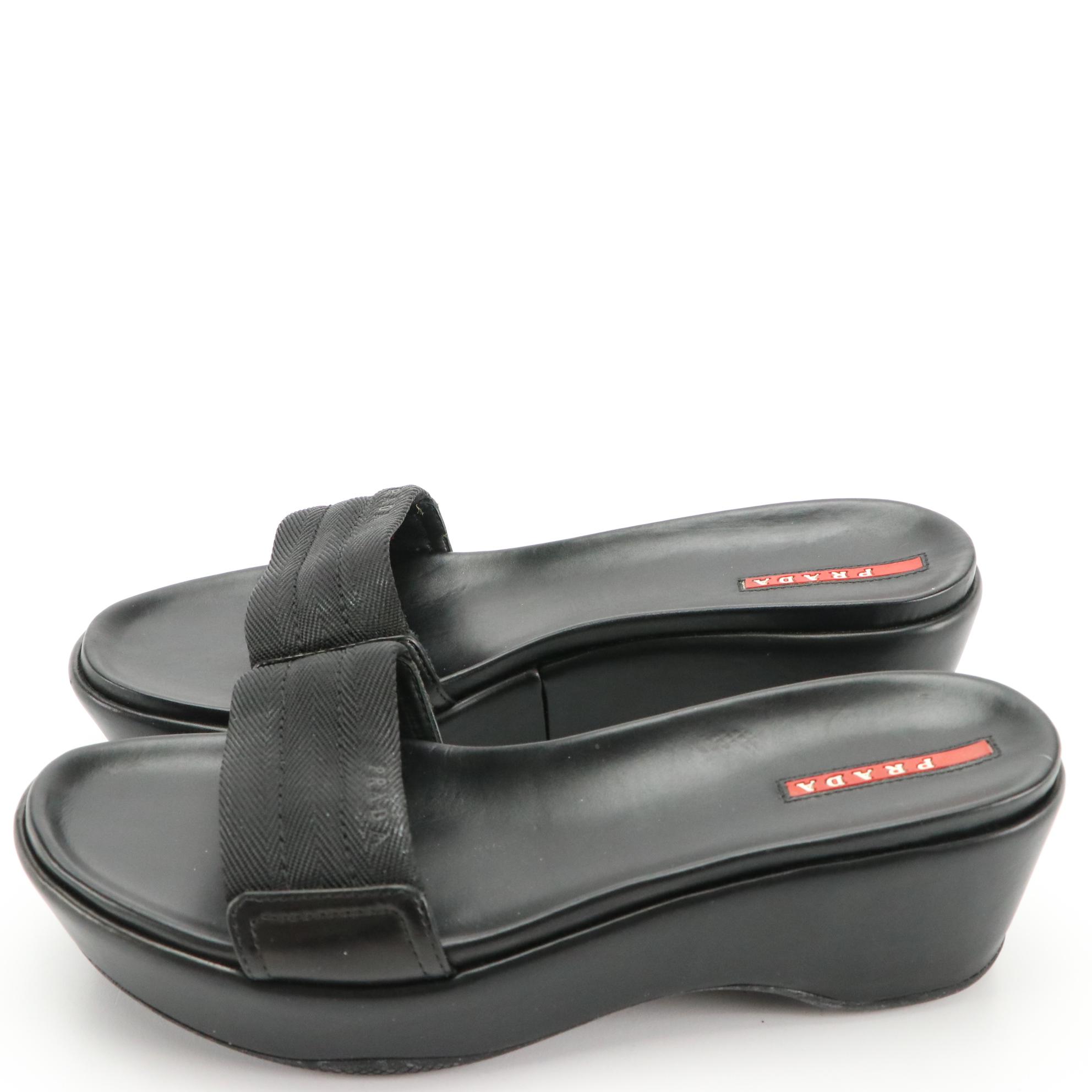 Prada Sport Black Leather Platform Slides