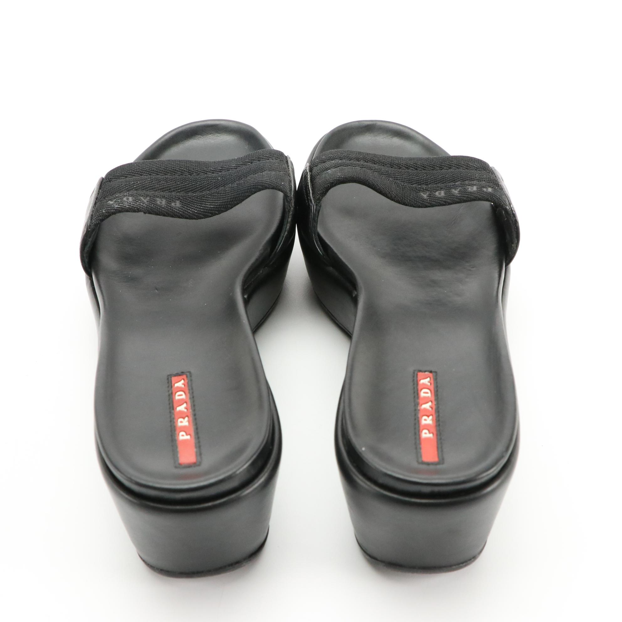 Prada Sport Black Leather Platform Slides