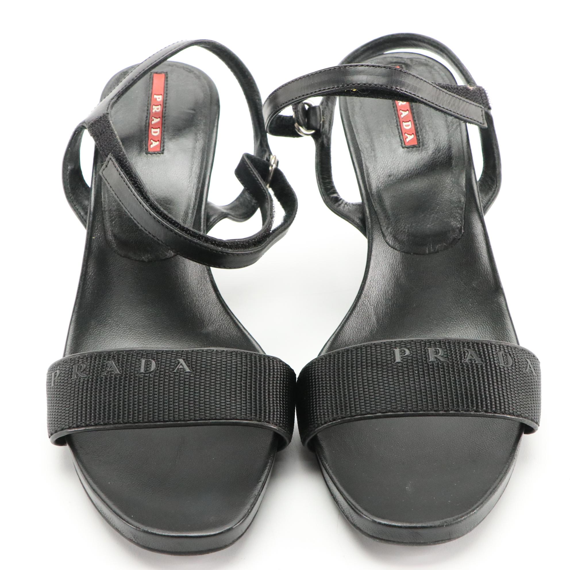 Prada Sport Black Leather Strappy Wedge Sandals