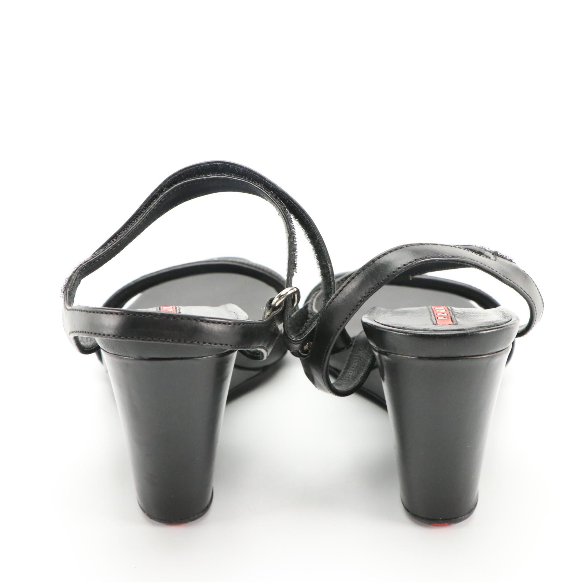 Prada Sport Black Leather Strappy Wedge Sandals