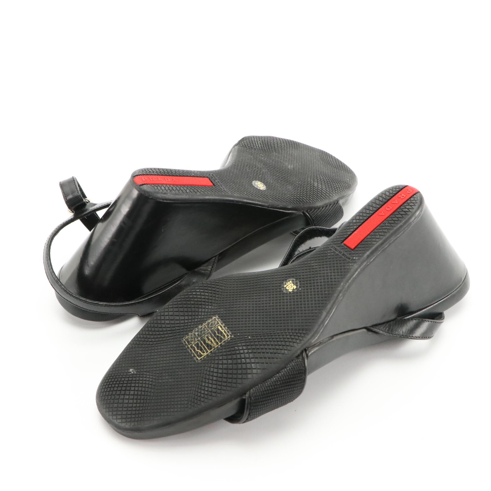 Prada Sport Black Leather Strappy Wedge Sandals