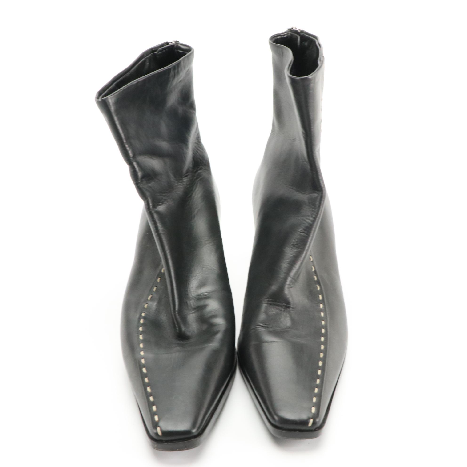 Prada Black Leather Ankle Boots with Contrast Stitch Accent