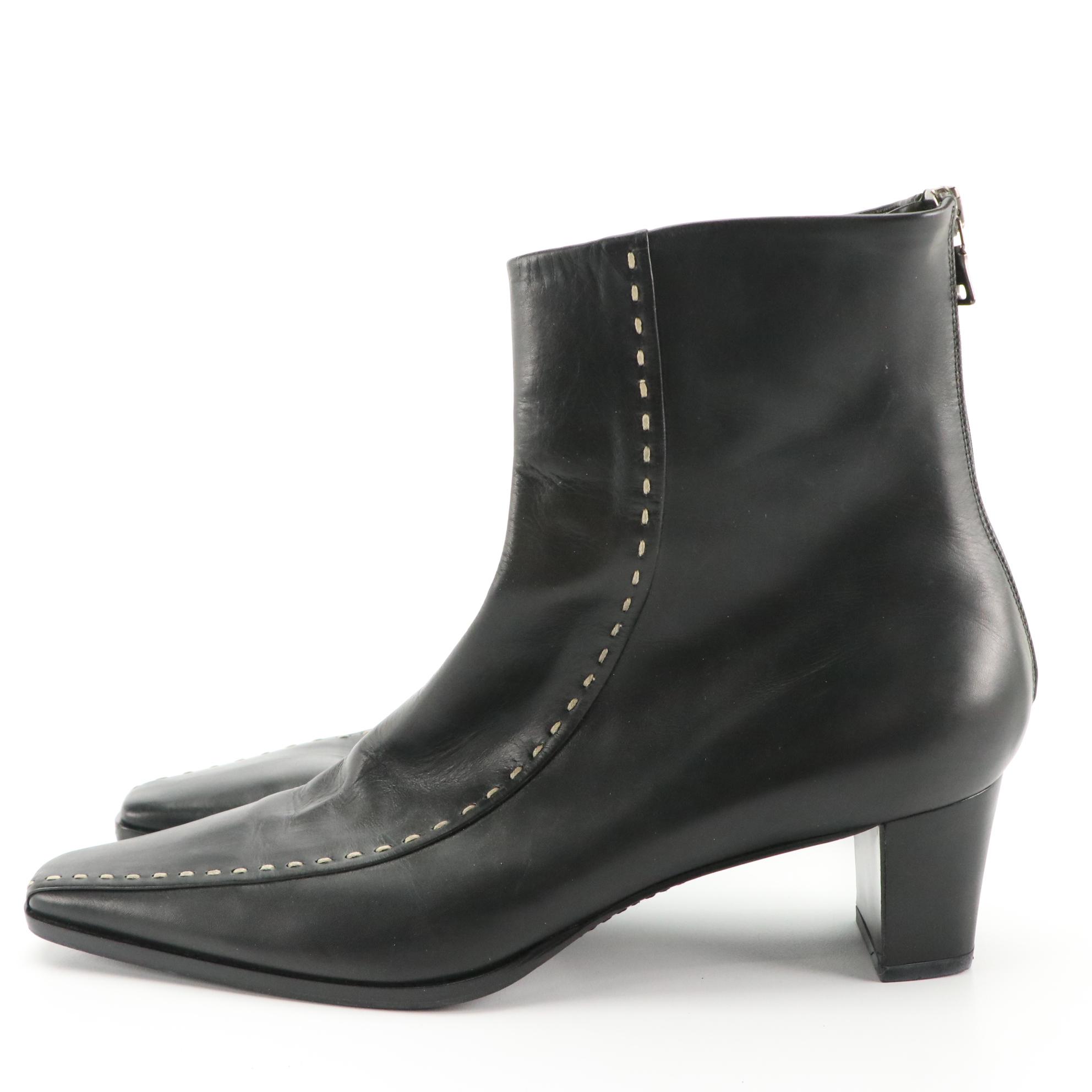 Prada Black Leather Ankle Boots with Contrast Stitch Accent