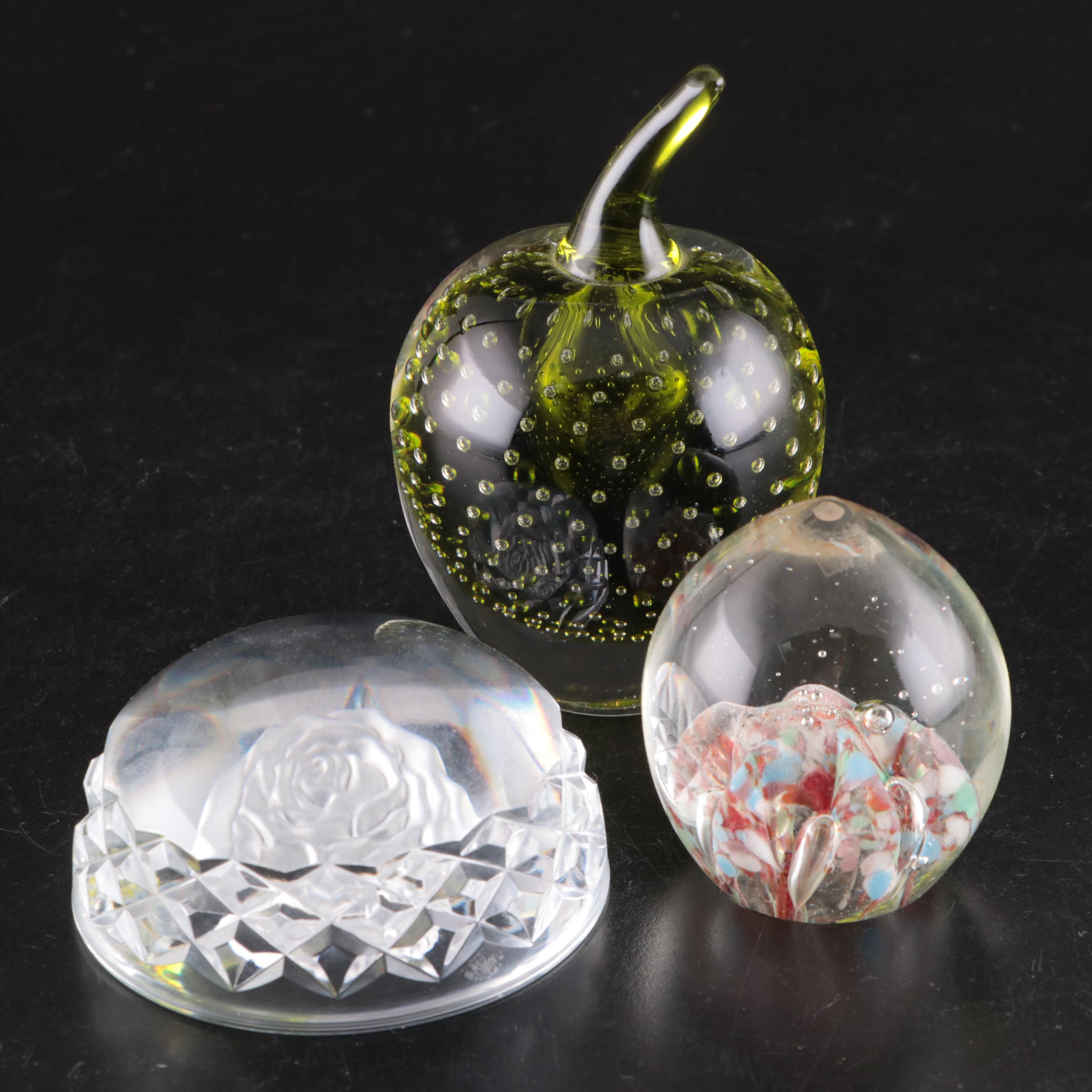 Apple Shaped Glass Paperweight with Rose Motif Glass Paperweight with More