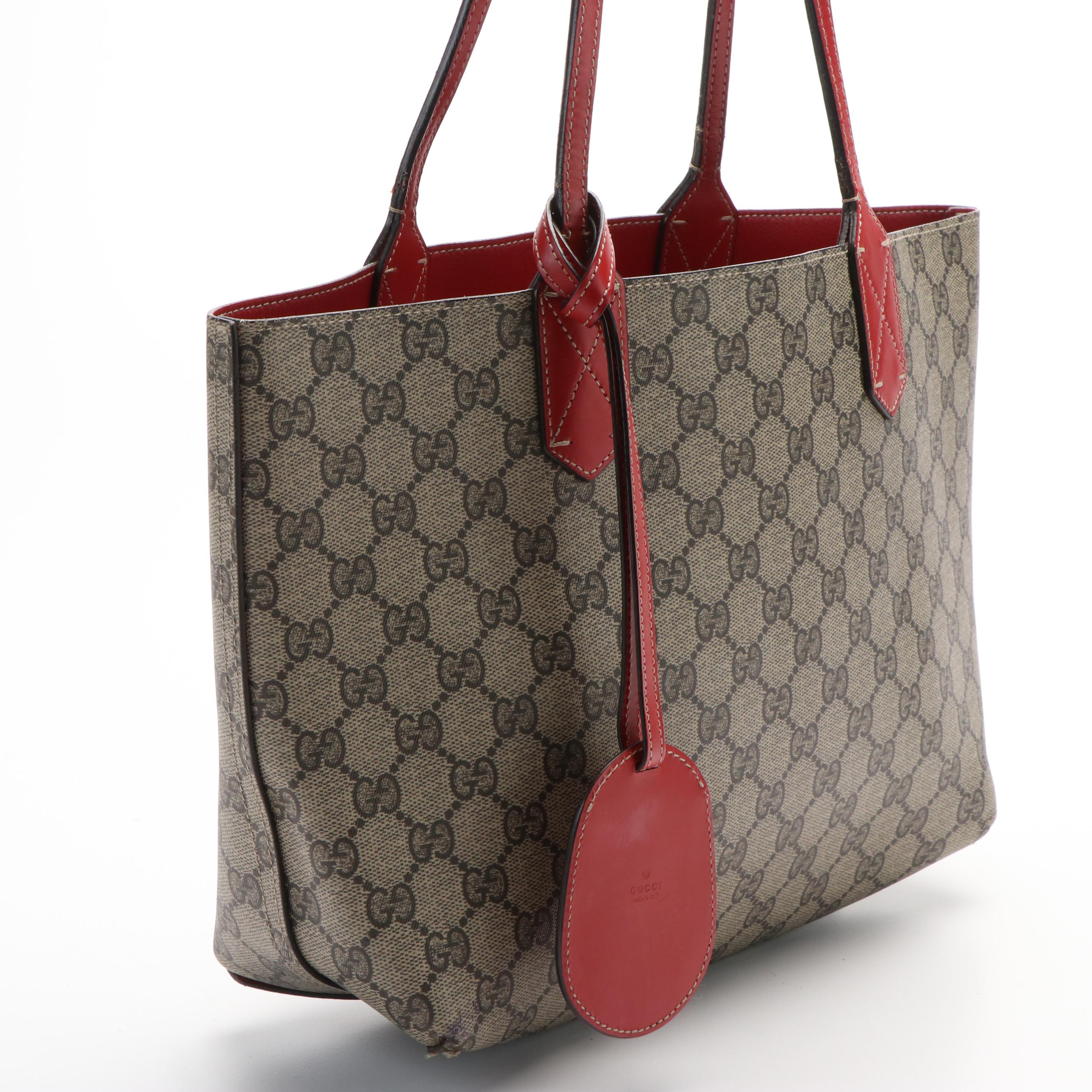 Gucci GG Supreme Reversible Tote in Red Leather and Coated Canvas