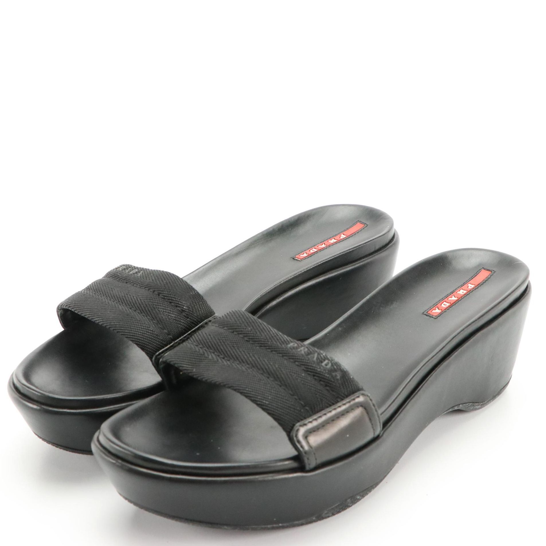 Prada Sport Black Leather Platform Slides