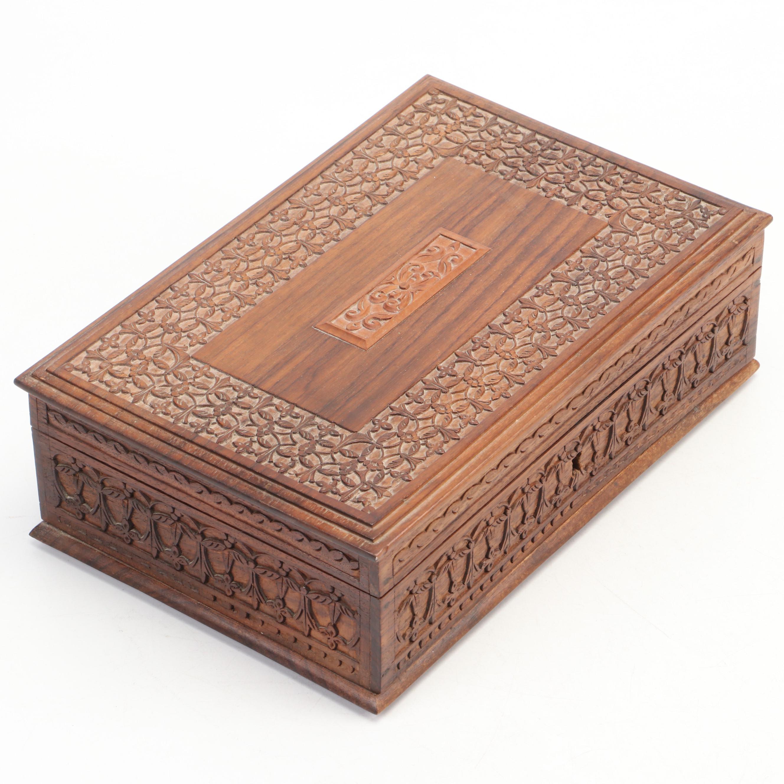 Carved Indian Shisham Wood Jewelry Box