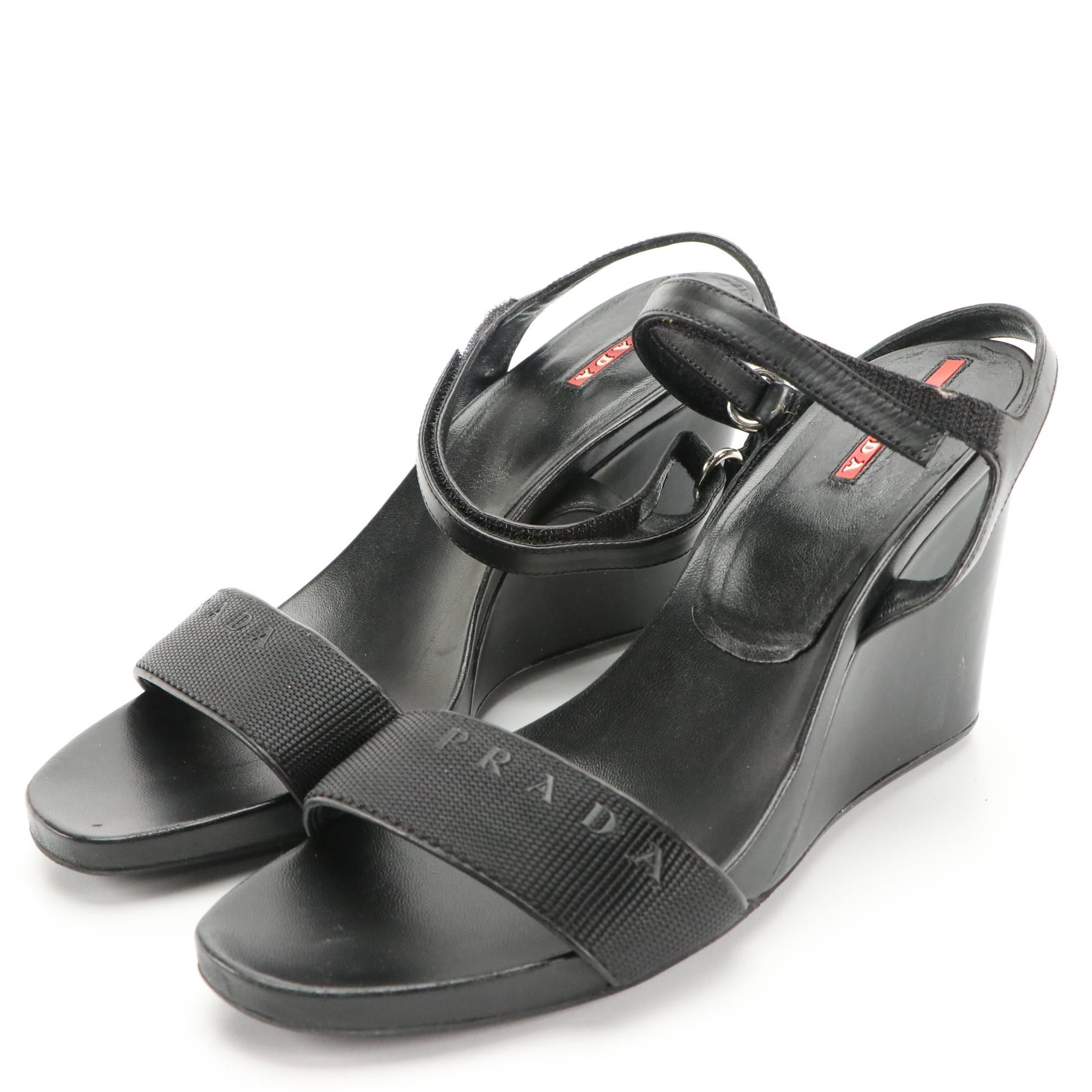 Prada Sport Black Leather Strappy Wedge Sandals
