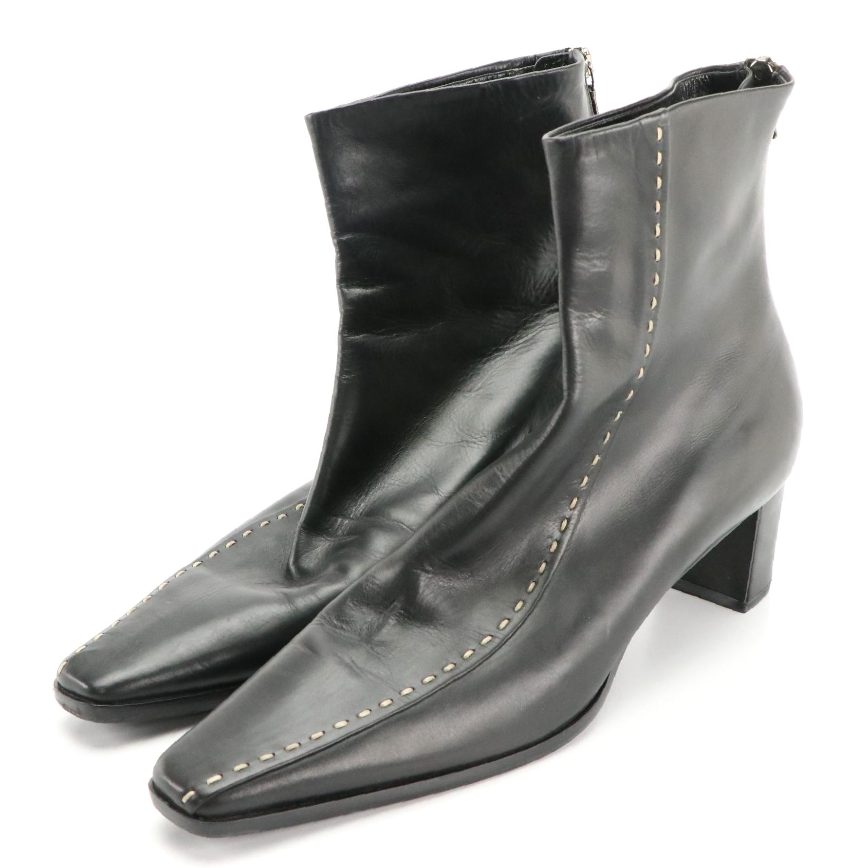 Prada Black Leather Ankle Boots with Contrast Stitch Accent