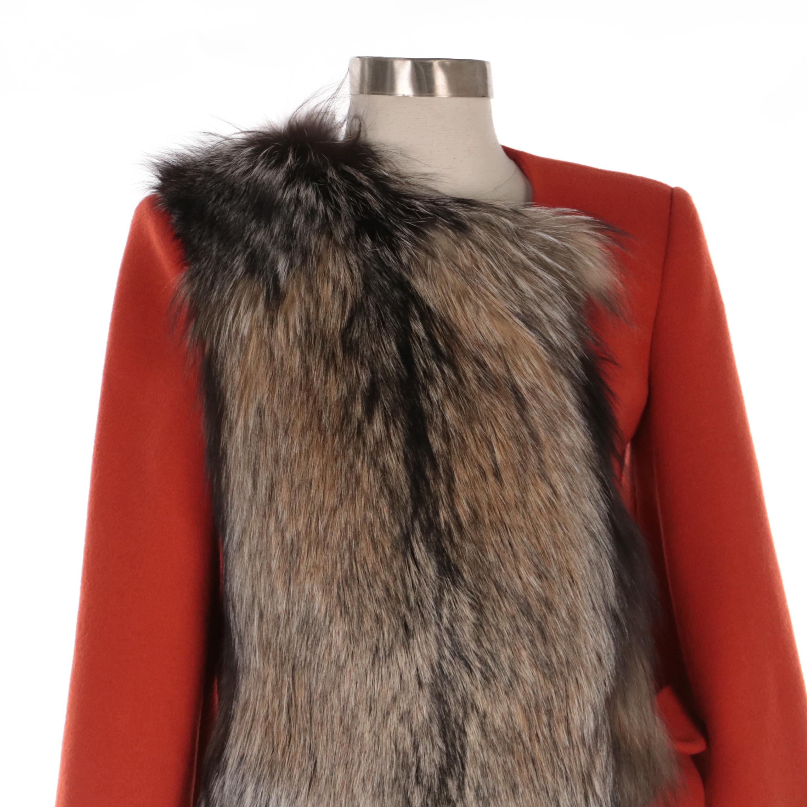 Thomas Wylde Vermillion Wool Flared Sleeve Wrap Coat with Fox Fur Trim