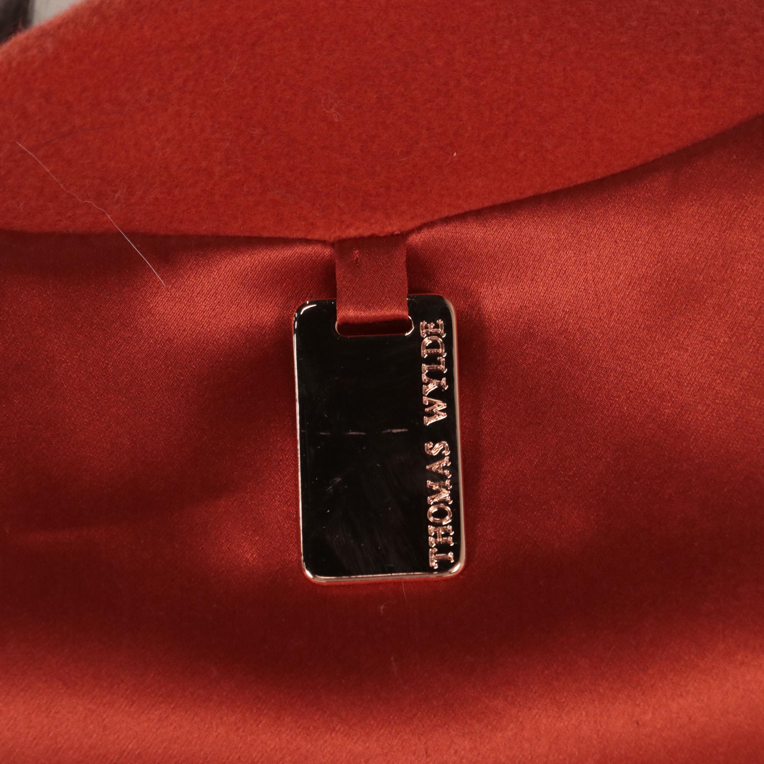 Thomas Wylde Vermillion Wool Flared Sleeve Wrap Coat with Fox Fur Trim