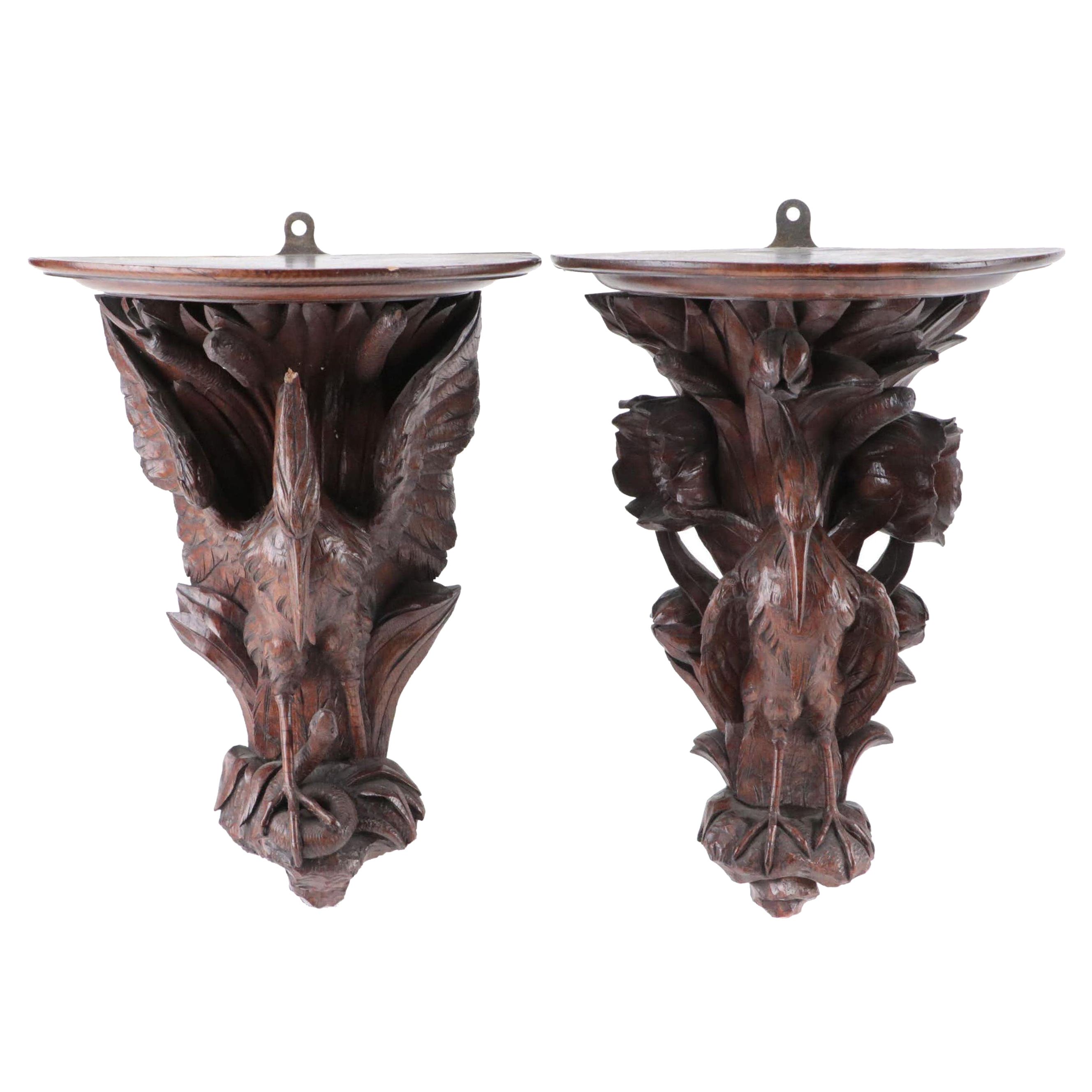 Black Forest Carved Bird Form Wall Shelves