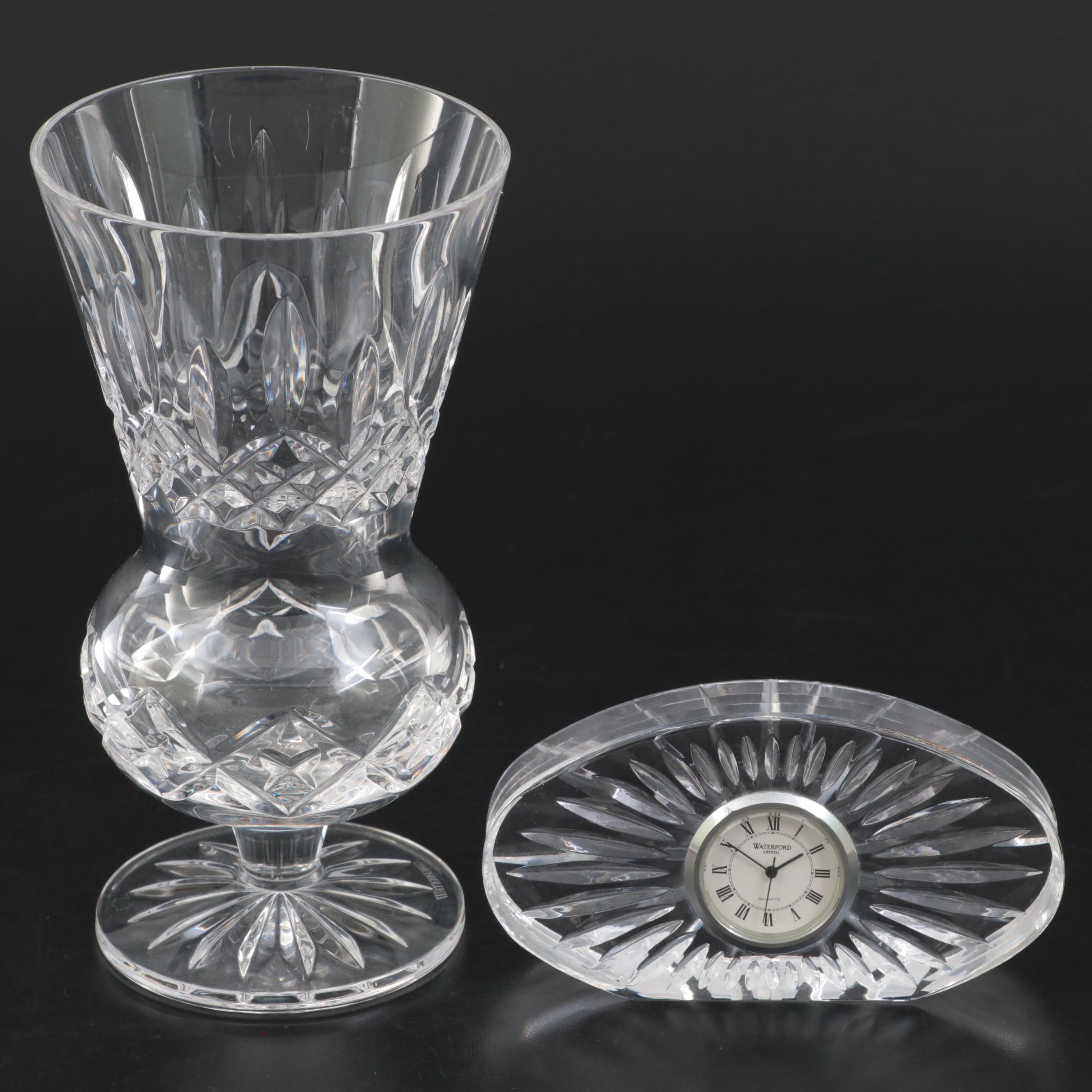 Waterford Crystal "Lismore" Thistle Vase with Crystal Pen Holder and Desk Clock