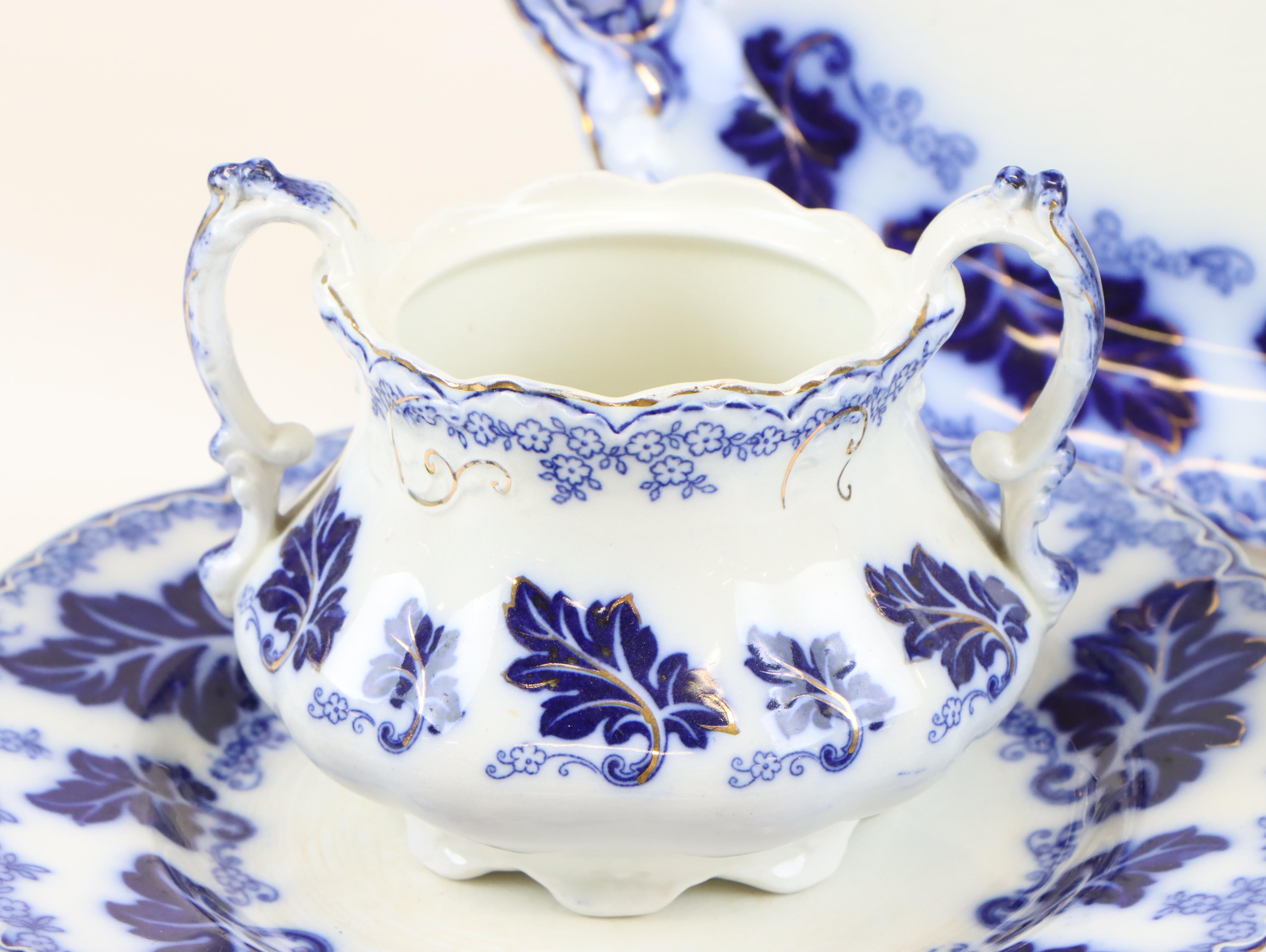 Johnson Brothers "Normandy" Flow Blue Porcelain Dinnerware, Early to Mid 20th C.