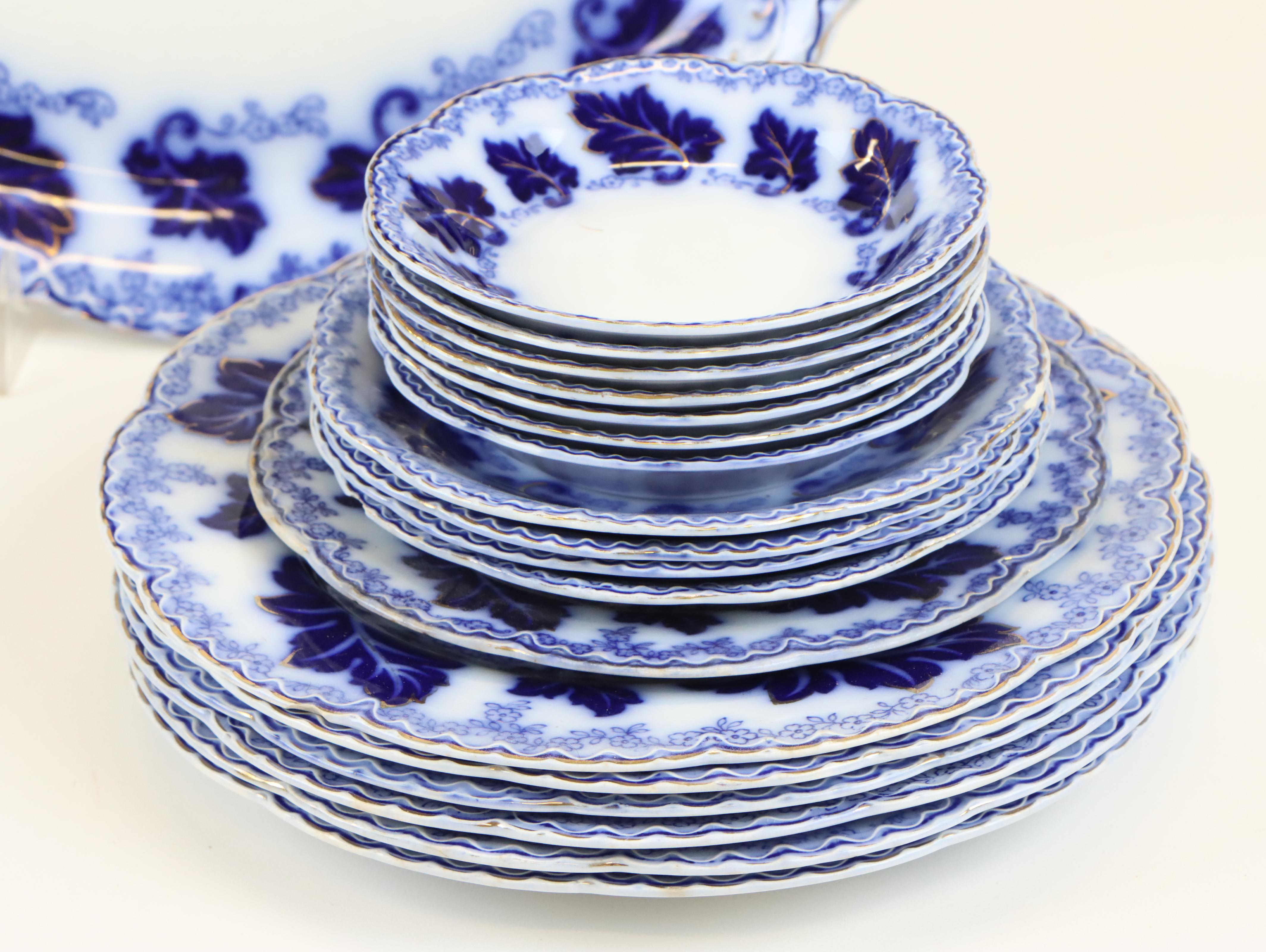 Johnson Brothers "Normandy" Flow Blue Porcelain Dinnerware, Early to Mid 20th C.