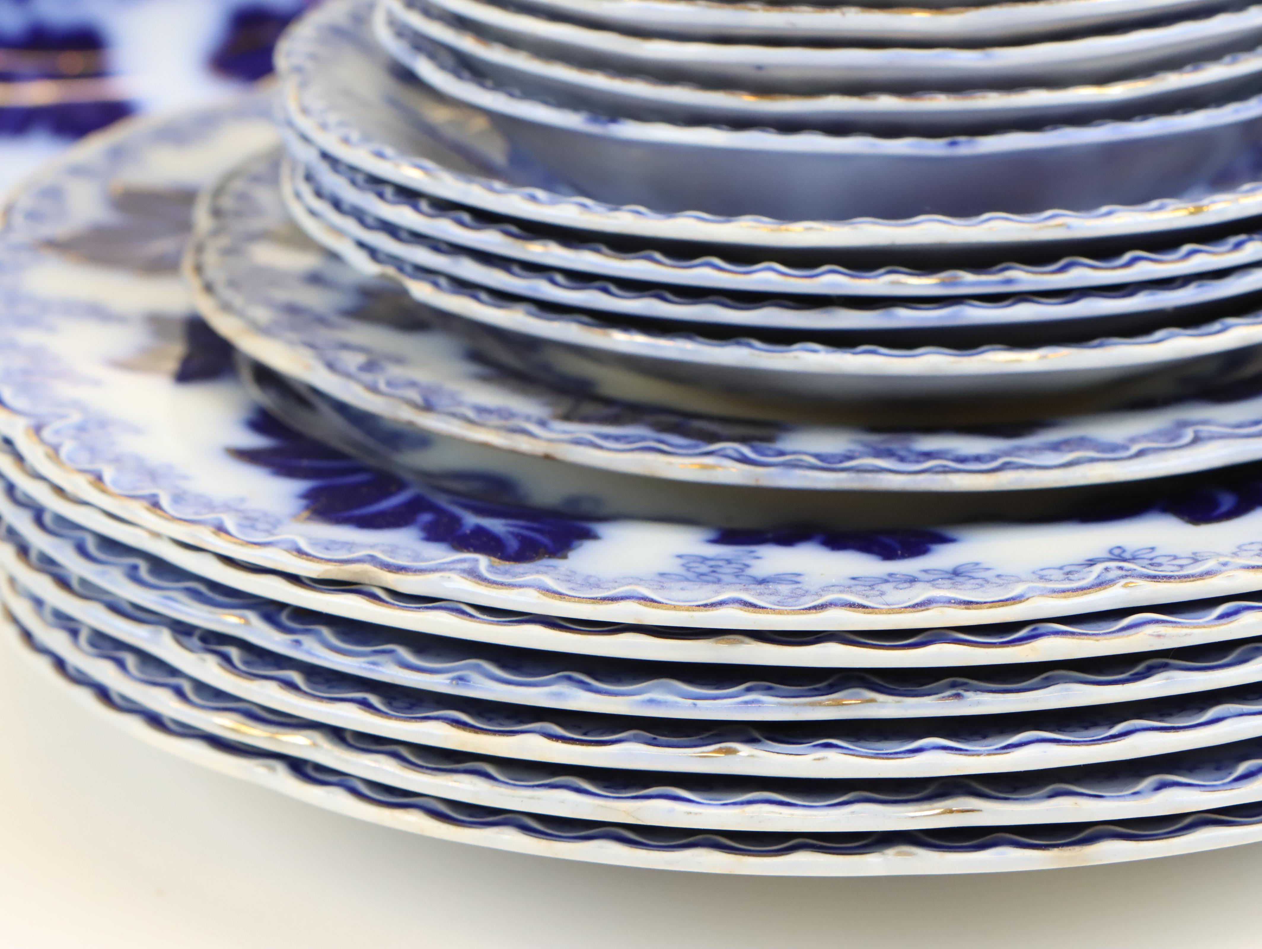 Johnson Brothers "Normandy" Flow Blue Porcelain Dinnerware, Early to Mid 20th C.