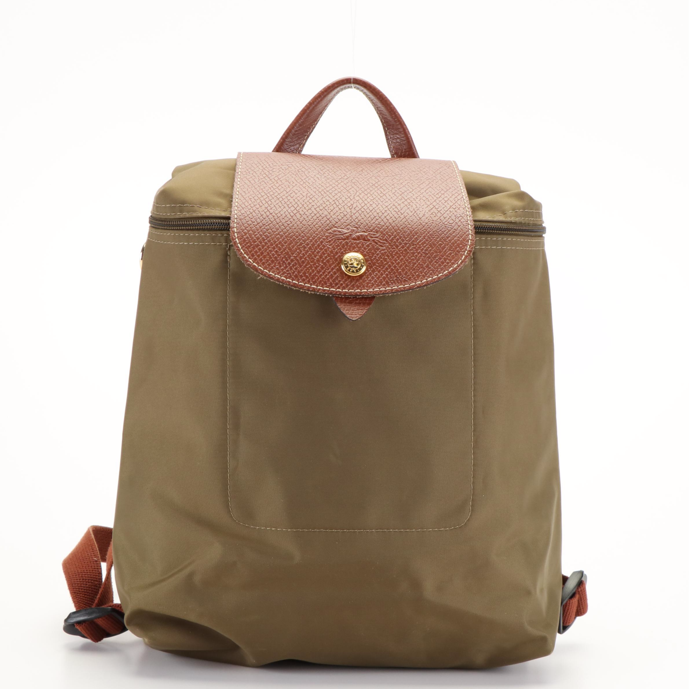 Longchamp Le Pliage Sac a Dos Backpack Purse in Army Green Nylon and Leather