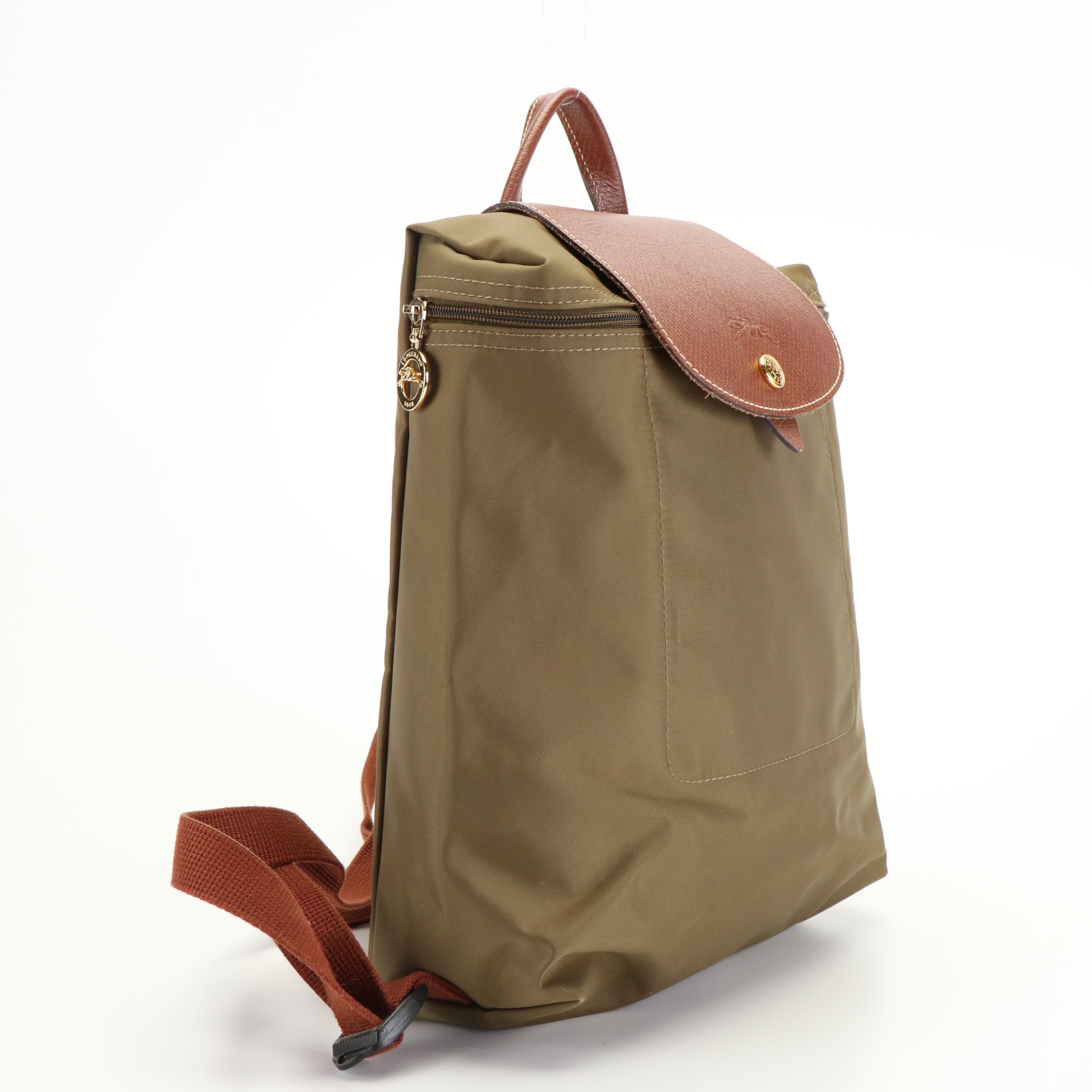 Longchamp Le Pliage Sac a Dos Backpack Purse in Army Green Nylon and Leather