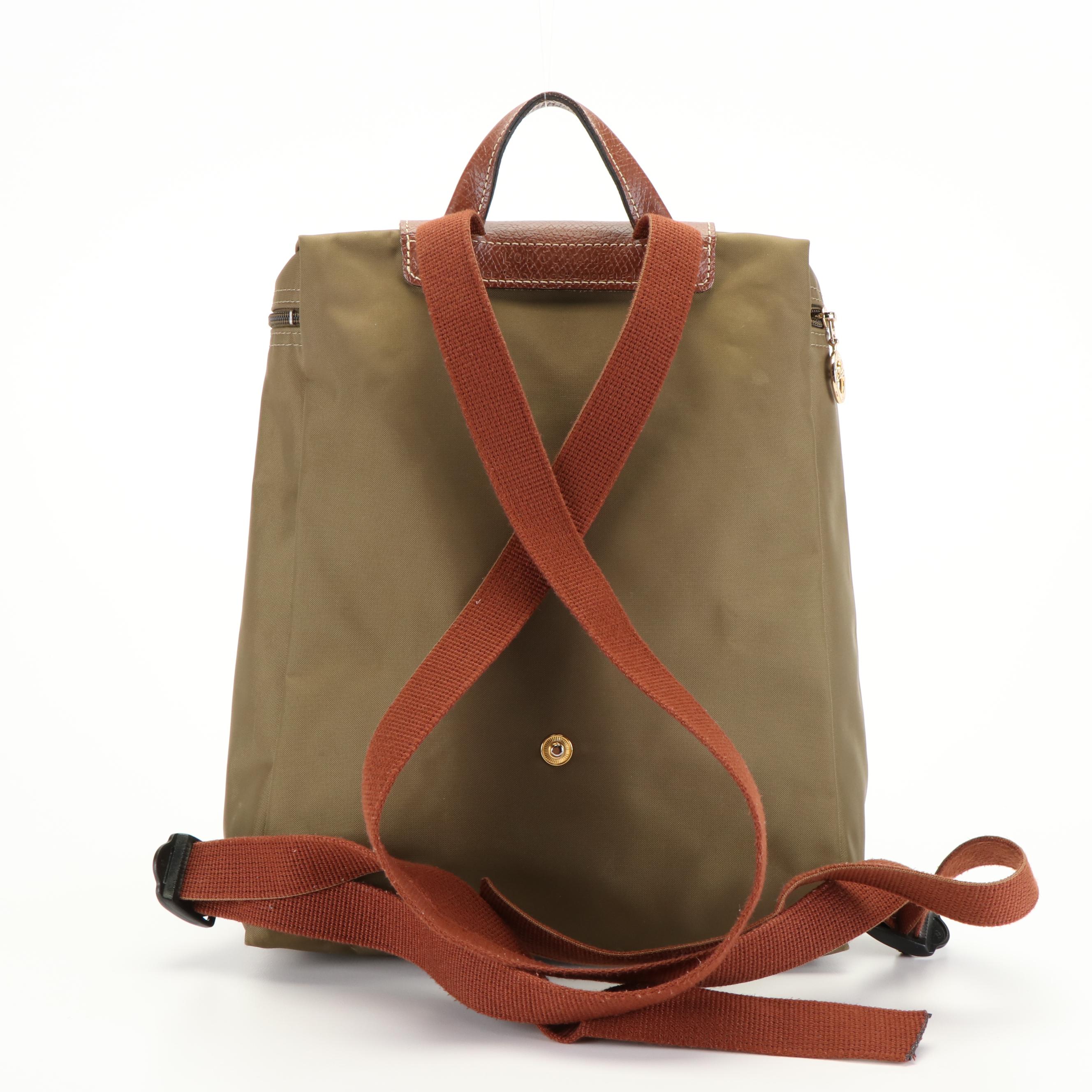 Longchamp Le Pliage Sac a Dos Backpack Purse in Army Green Nylon and Leather