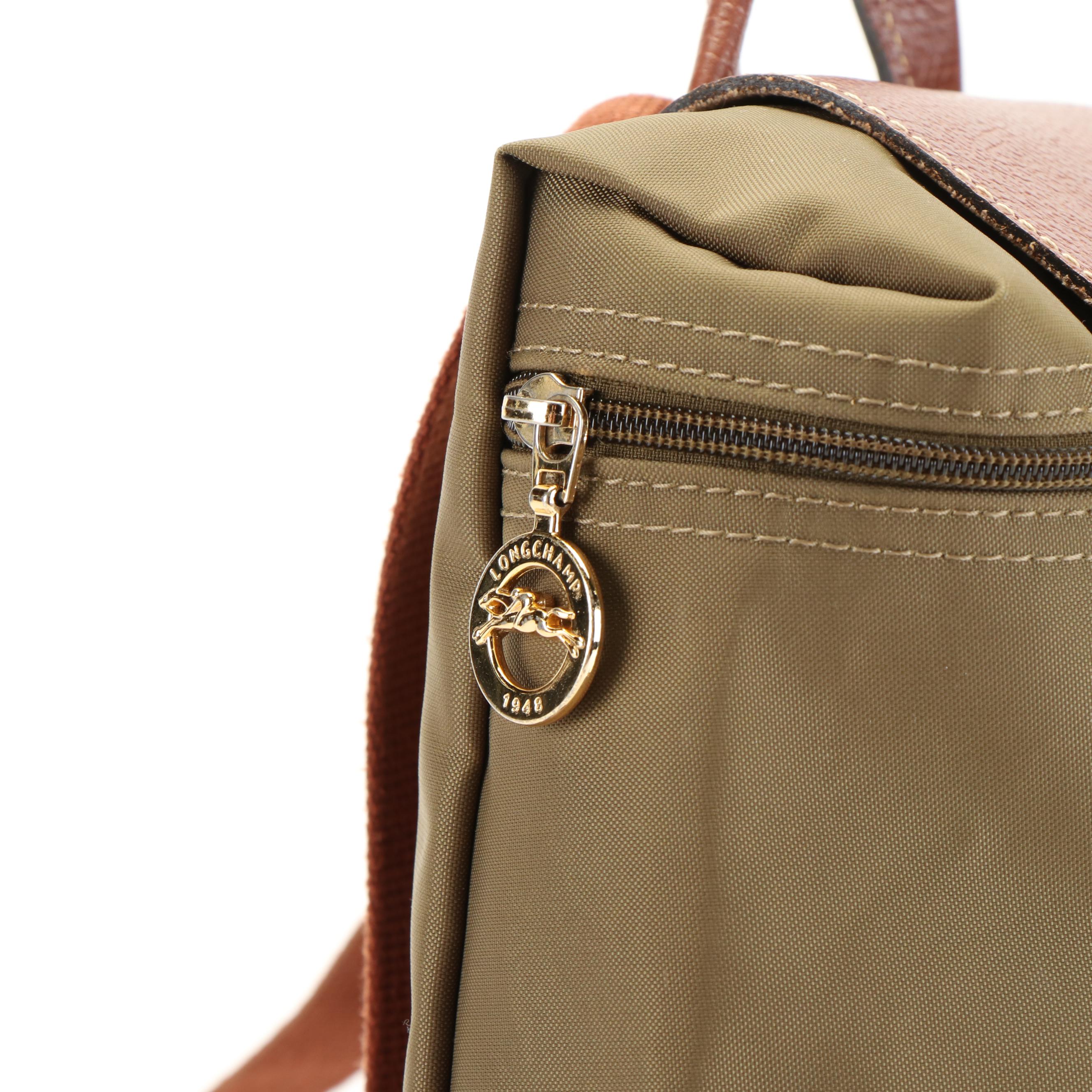 Longchamp Le Pliage Sac a Dos Backpack Purse in Army Green Nylon and Leather