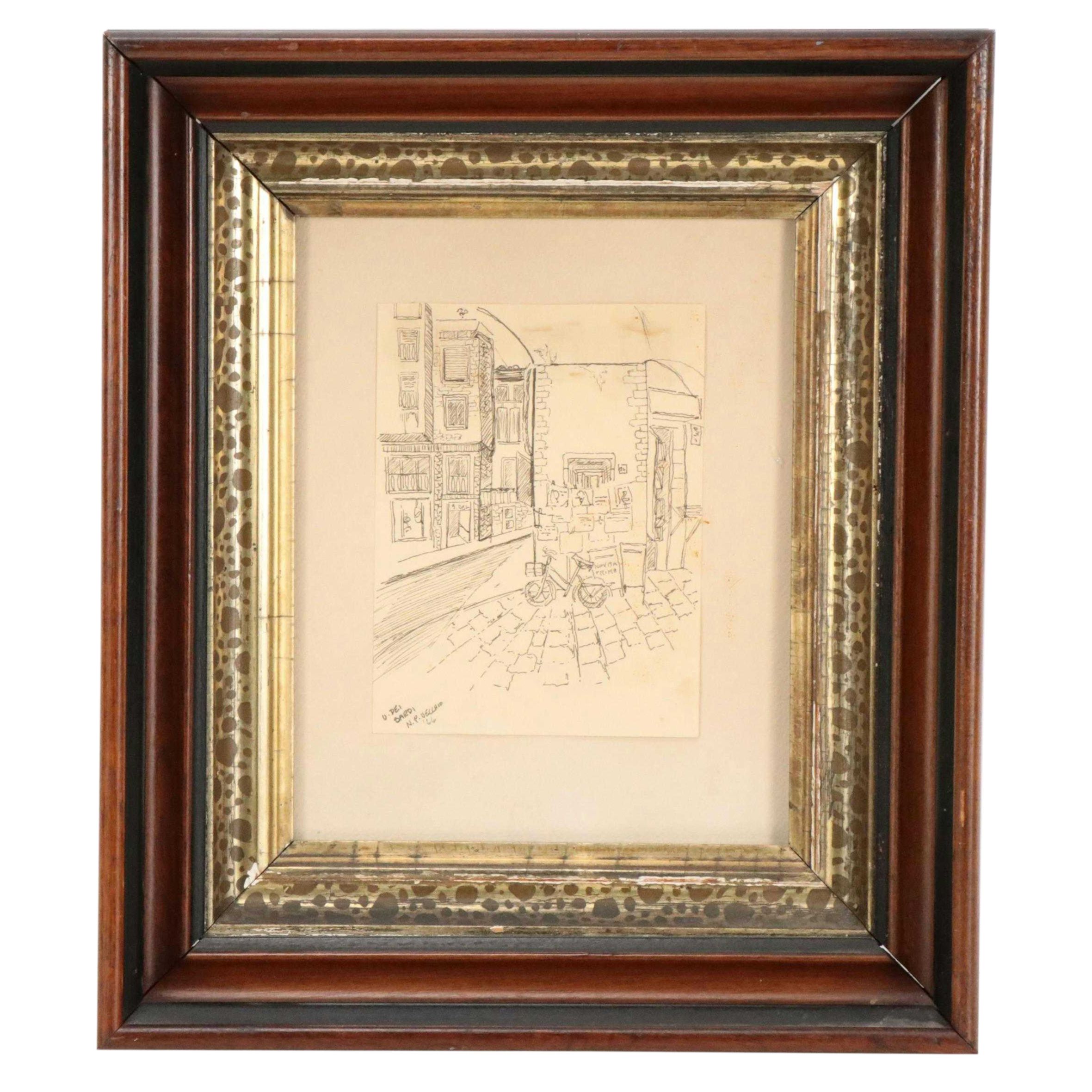 Pen and Ink Drawing of Italian Street Scene, 1966