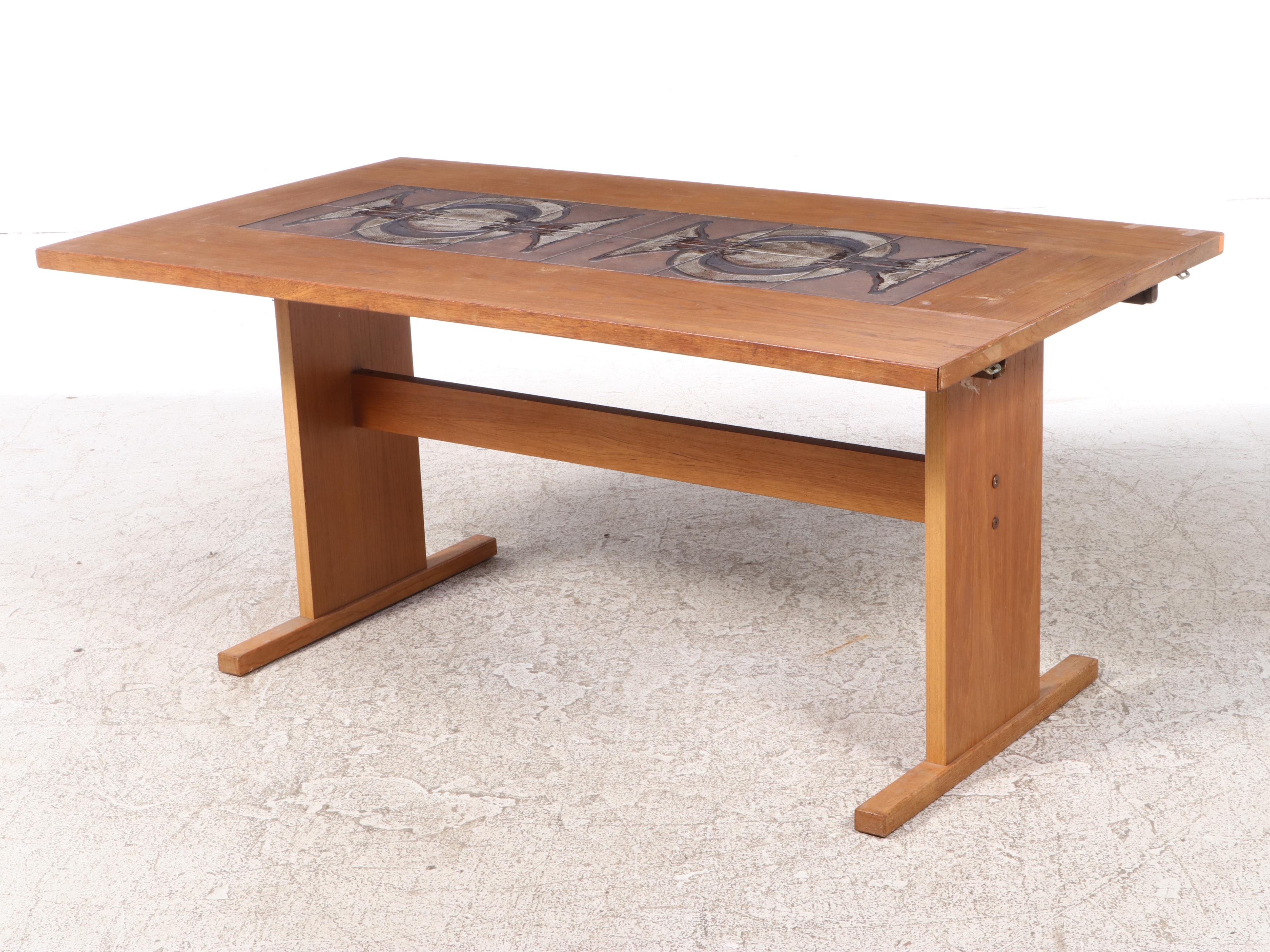 Danish Modern Oak and Tile Drop-Side Dining Table with Upholstered Chairs