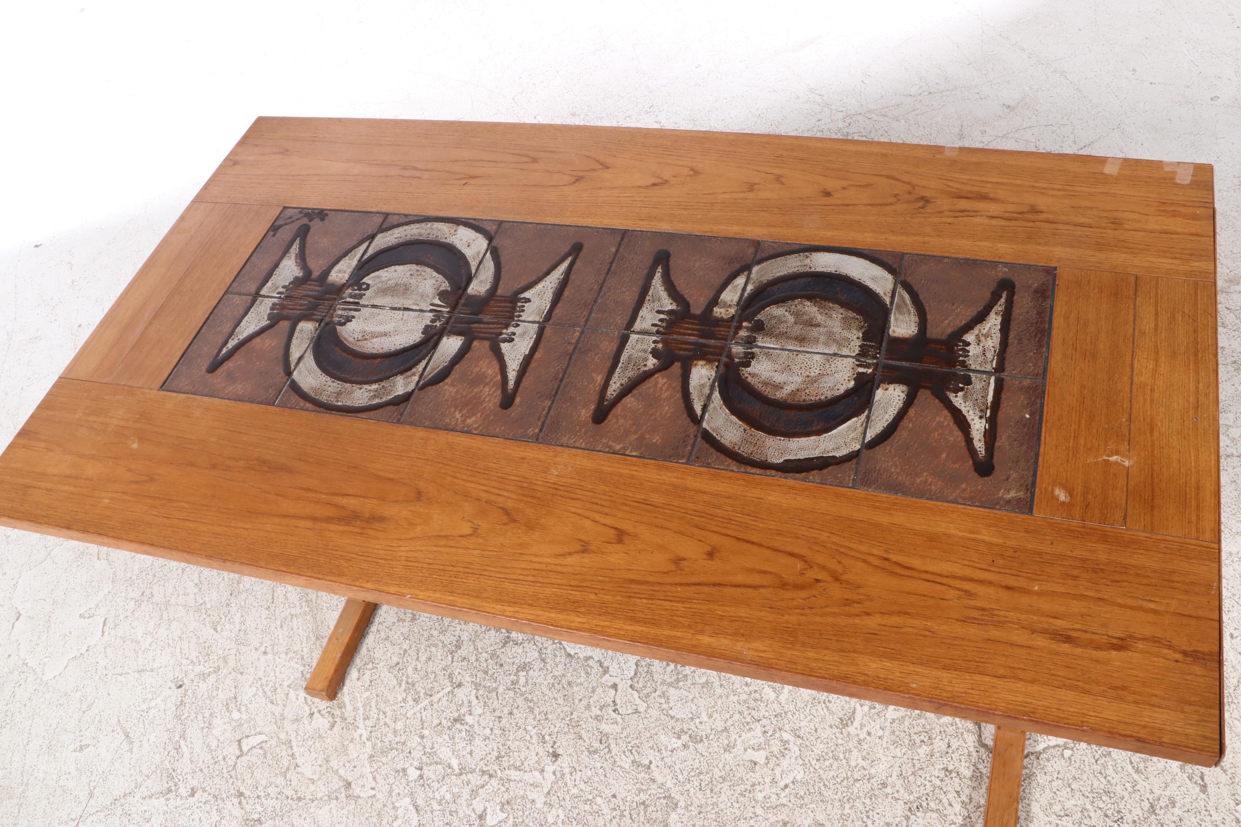 Danish Modern Oak and Tile Drop-Side Dining Table with Upholstered Chairs