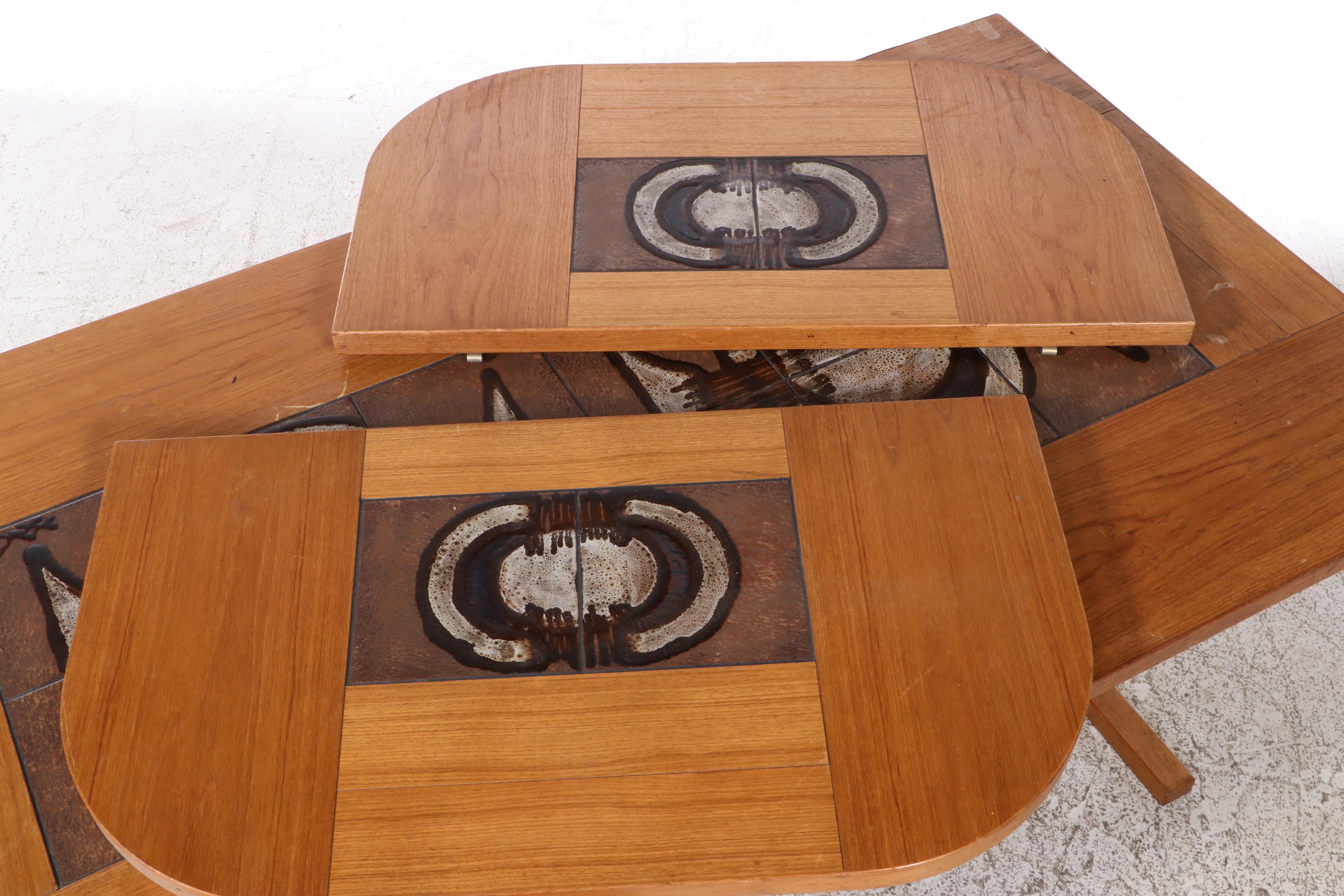 Danish Modern Oak and Tile Drop-Side Dining Table with Upholstered Chairs