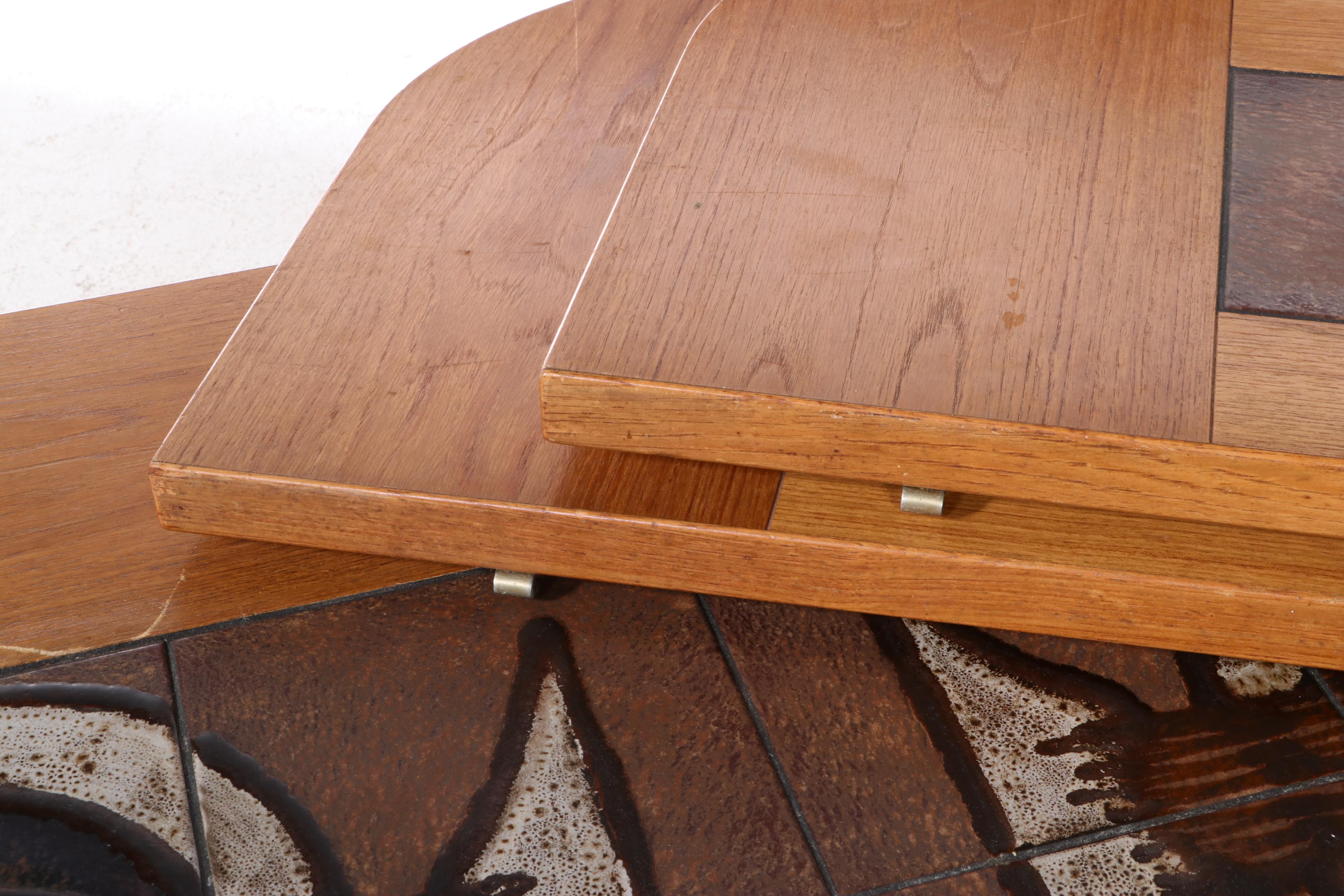 Danish Modern Oak and Tile Drop-Side Dining Table with Upholstered Chairs