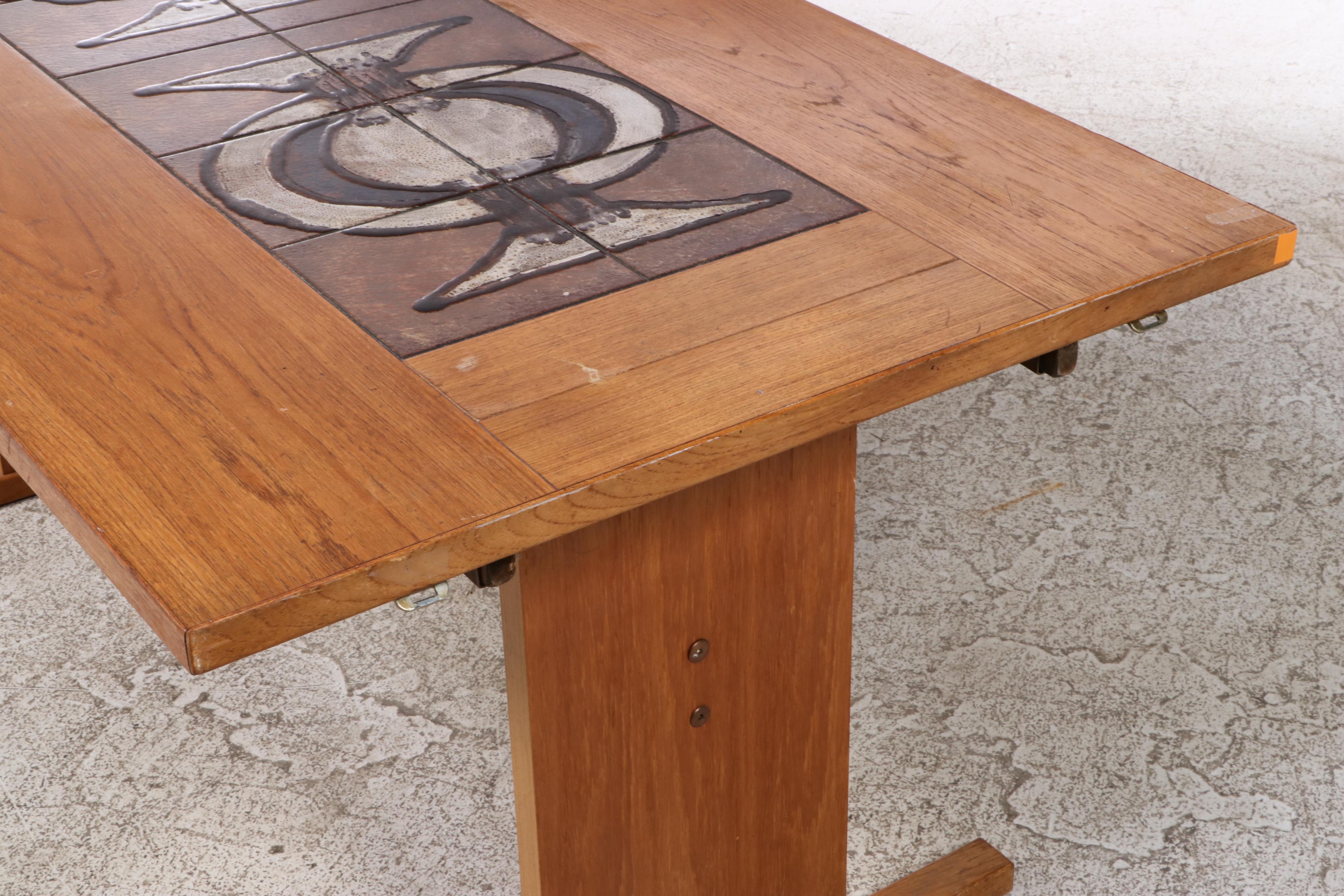 Danish Modern Oak and Tile Drop-Side Dining Table with Upholstered Chairs
